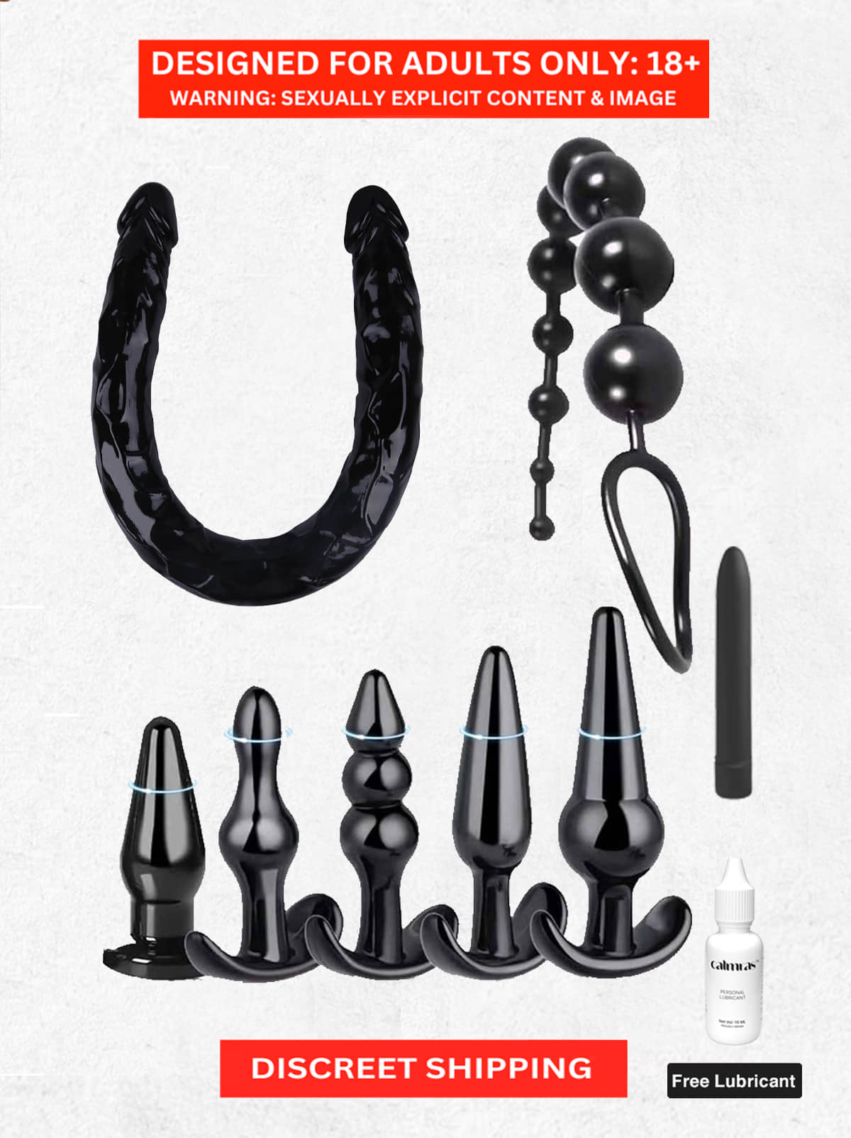 LGBTQ Sex Toy Set - 1 Double Ended Big Dildo with 5 Different Size of Anal Butt Plug and 1 Big Anal Beads, 1 Vibrating Dildo | Silicone Safe and Waterproof for Lesbian