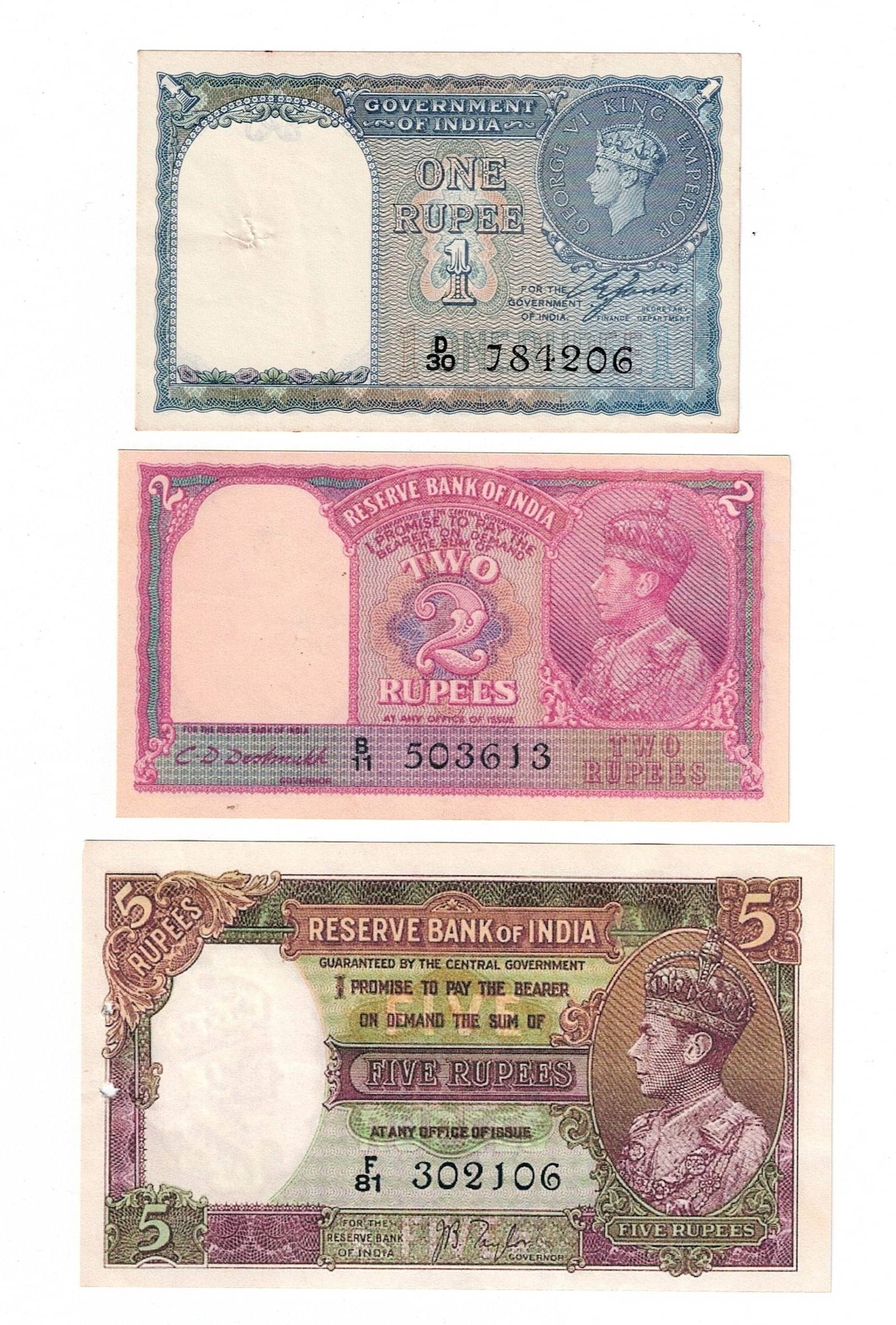 British India Set of 3 KG VI 1,2 & 5 Rupees Artificial Fancy 3 Paper note only for collection British India Set of 3 KG VI 1,2 & 5 Rupees Artificial Fancy 3 Paper note only for collection
