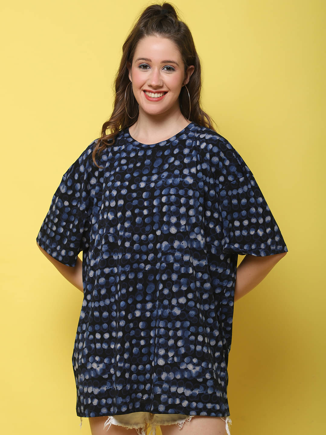     			DOOR74 Women Cotton Printed Oversized Fit Round Neck T-Shirt ( Navy Blue )