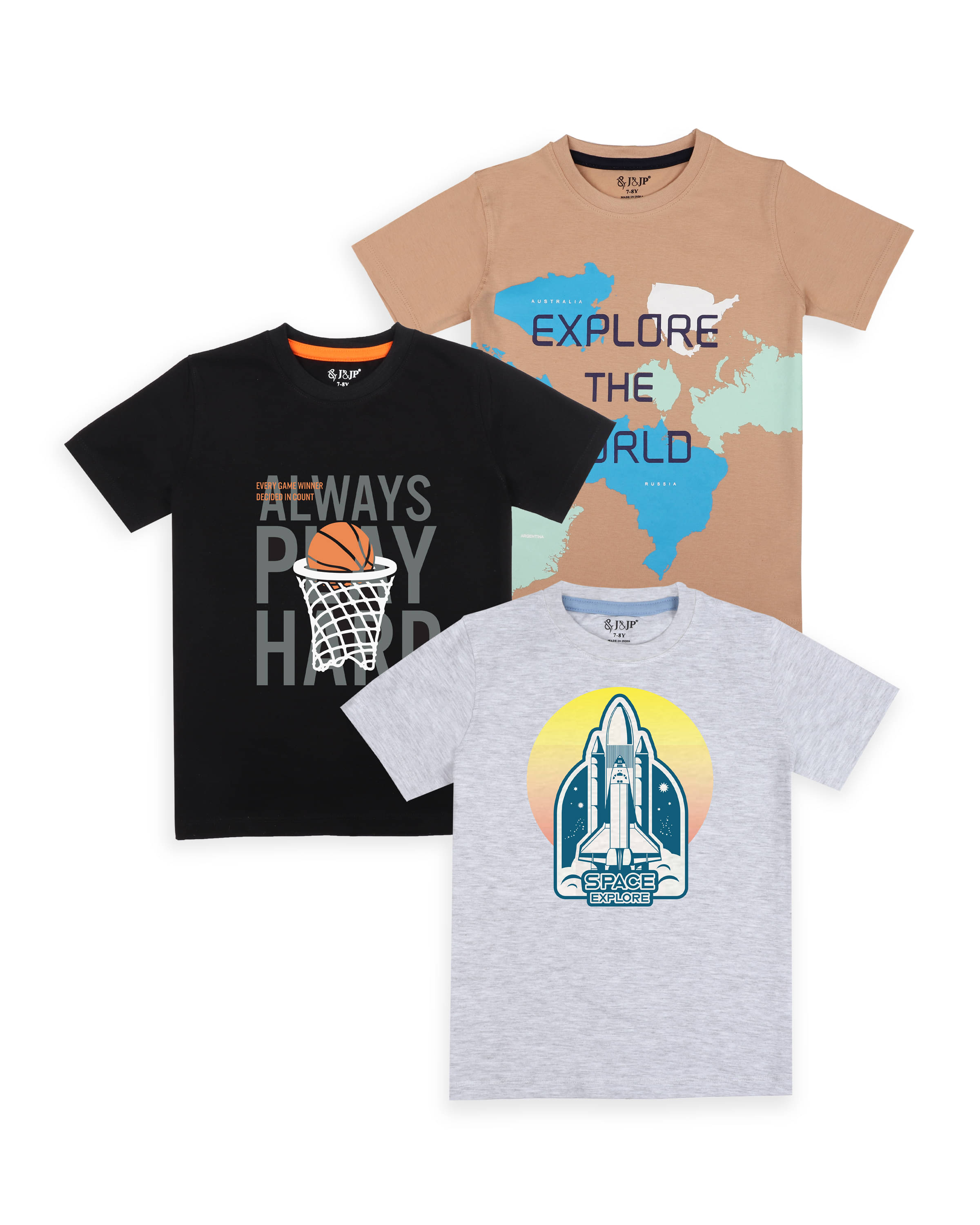     			J&JP Pack of 3 Boys Cotton Blend T-Shirt ( Multi Color )