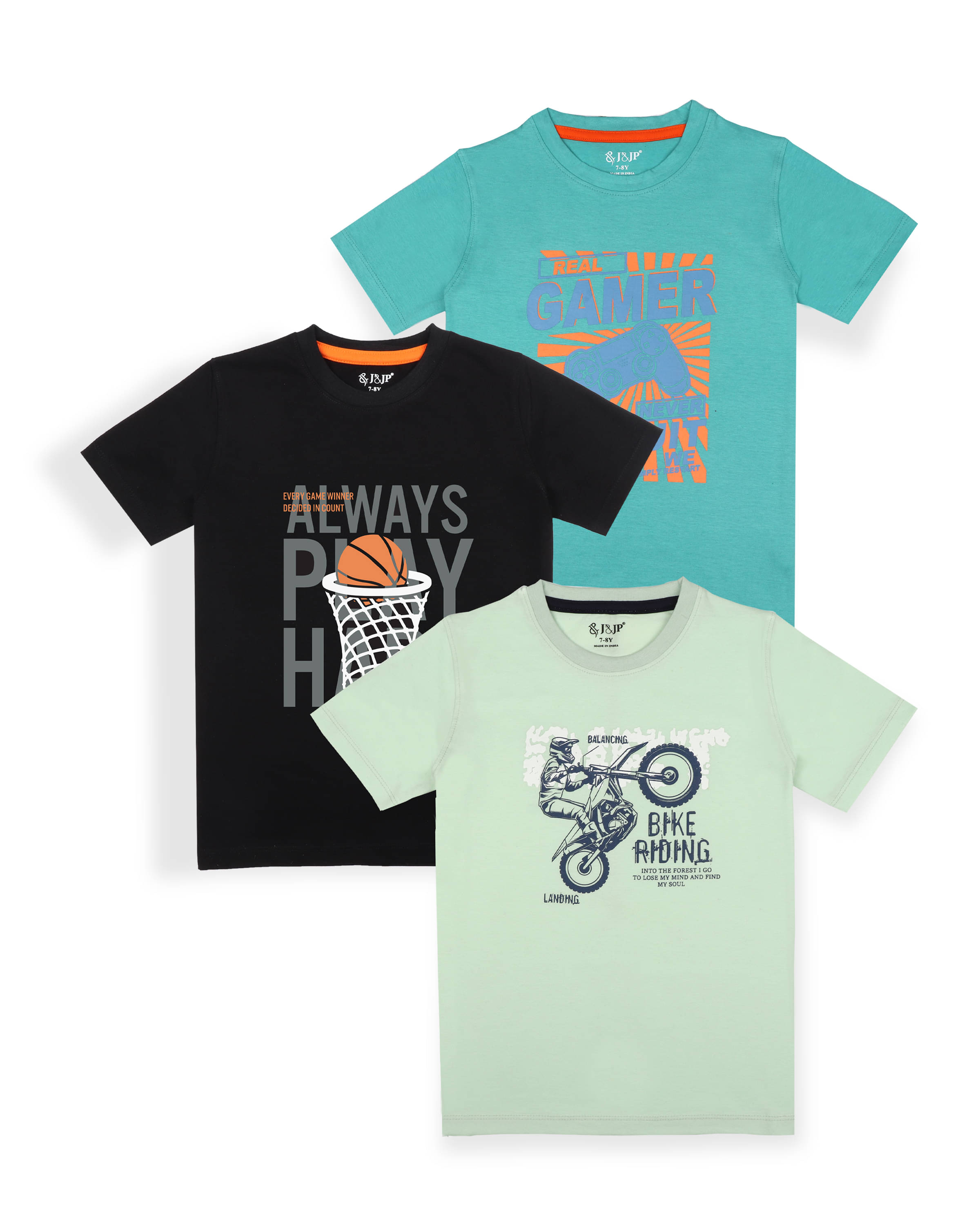     			J&JP Pack of 3 Boys Cotton Blend T-Shirt ( Multi Color )