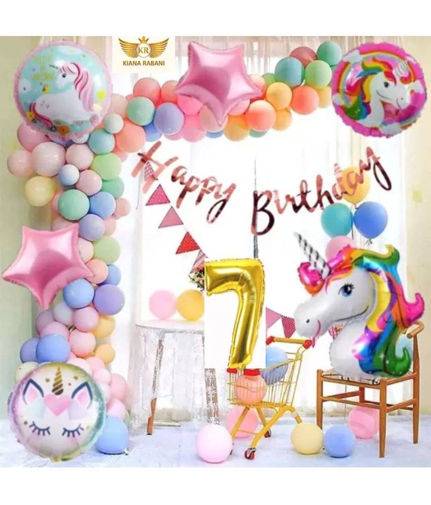     			KR 7TH HAPPY BIRTHDAY PARTY DECORATION WITH HAPPY BIRTHDAY BANNER ( 13 ), 30 MULTI COLOUR PASTEL BALLOON, 1 ARCH , 1 UNICORN, 2 PINK STAR, 2 ROUND SHAPE BALLOON, 7 NO. GOLD FOIL BALLOON