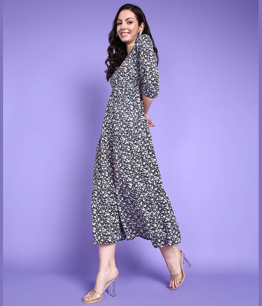 POPWINGS Women Polyester Printed A-line Dress ( Multi Color )