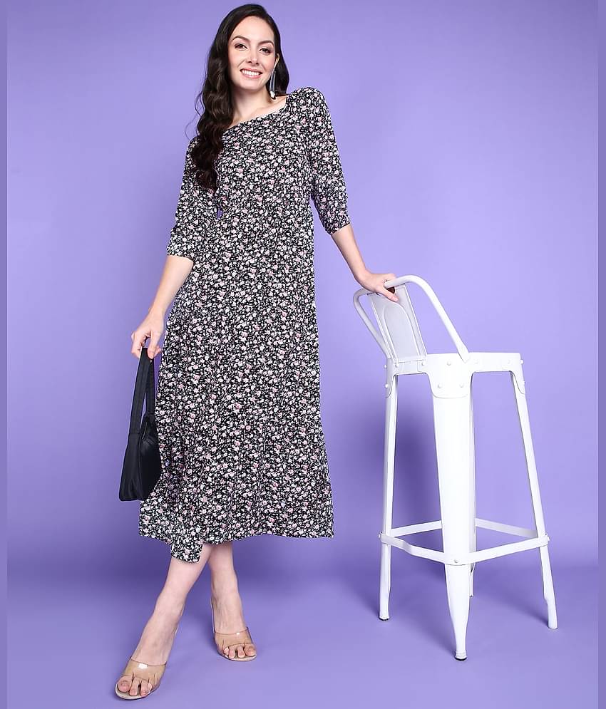 POPWINGS Women Polyester Printed A-line Dress ( Multi Color )