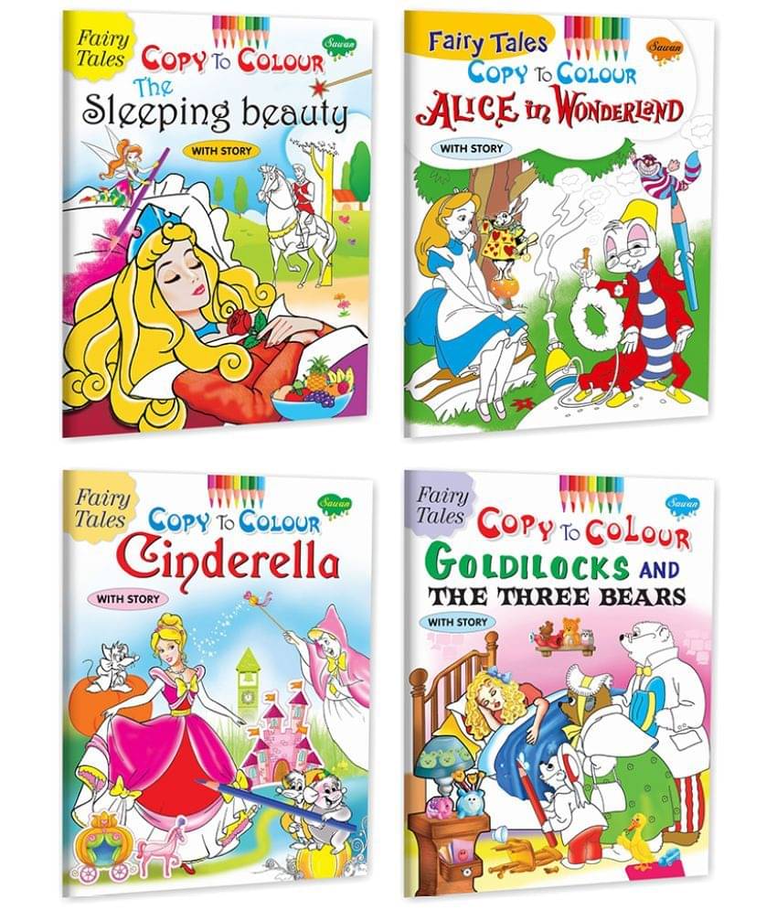 Sawan Present Set Of 4 Fairy Tales Copy To Colour| The Sleeping Beauty, Alice In Wonderl, Cinderella And Goldilocks And The Three Bears (Pin Binding, Manoj Publications Editorial Board) Sawan Present Set Of 4 Fairy Tales Copy To Colour| The Sleeping Beauty, Alice In Wonderl, Cinderella And Goldilocks And The Three Bears (Pin Binding, Manoj Publications Editorial Board)