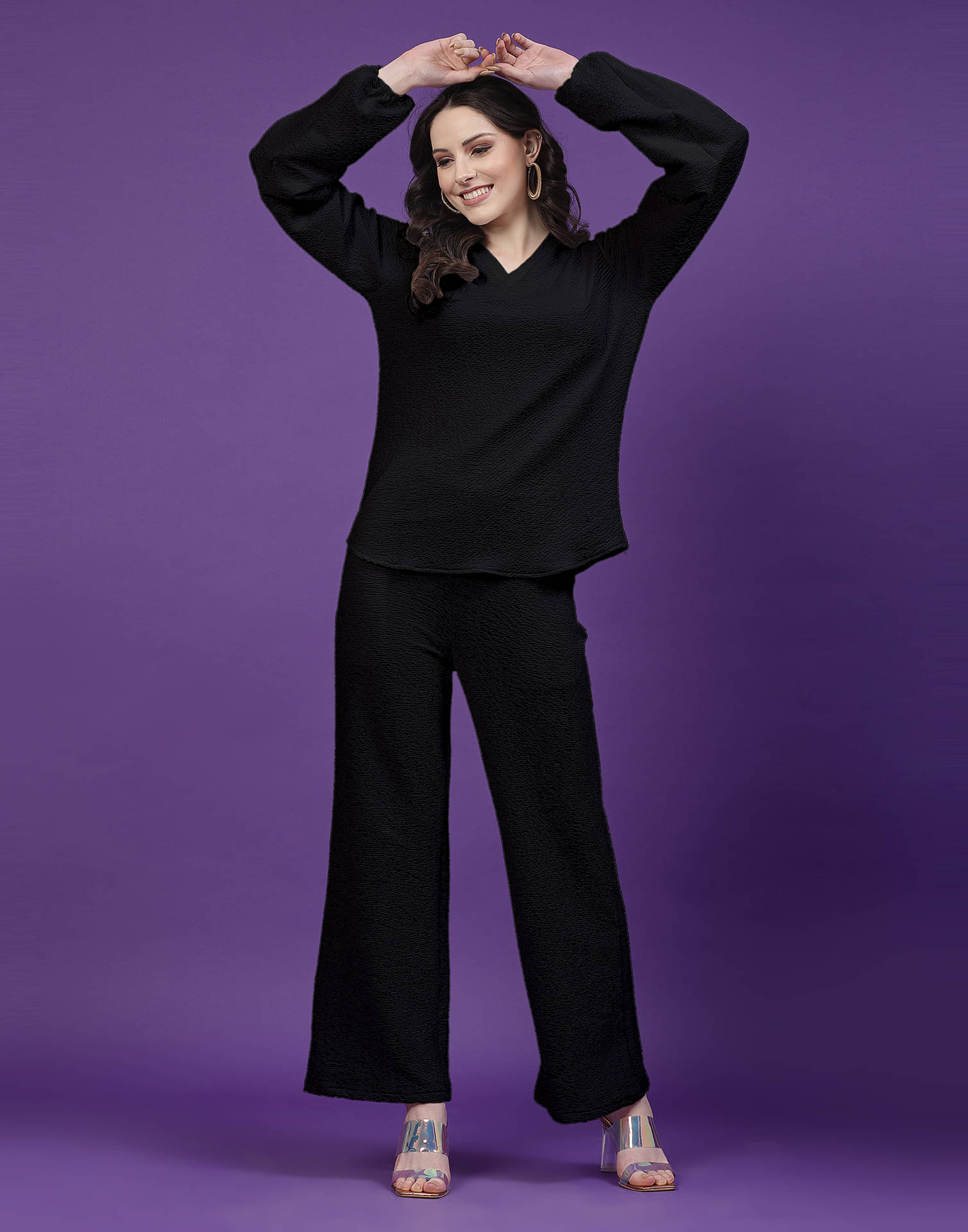     			Selvia Women Dyed Top With Trousers Co-Ord Set ( Black )