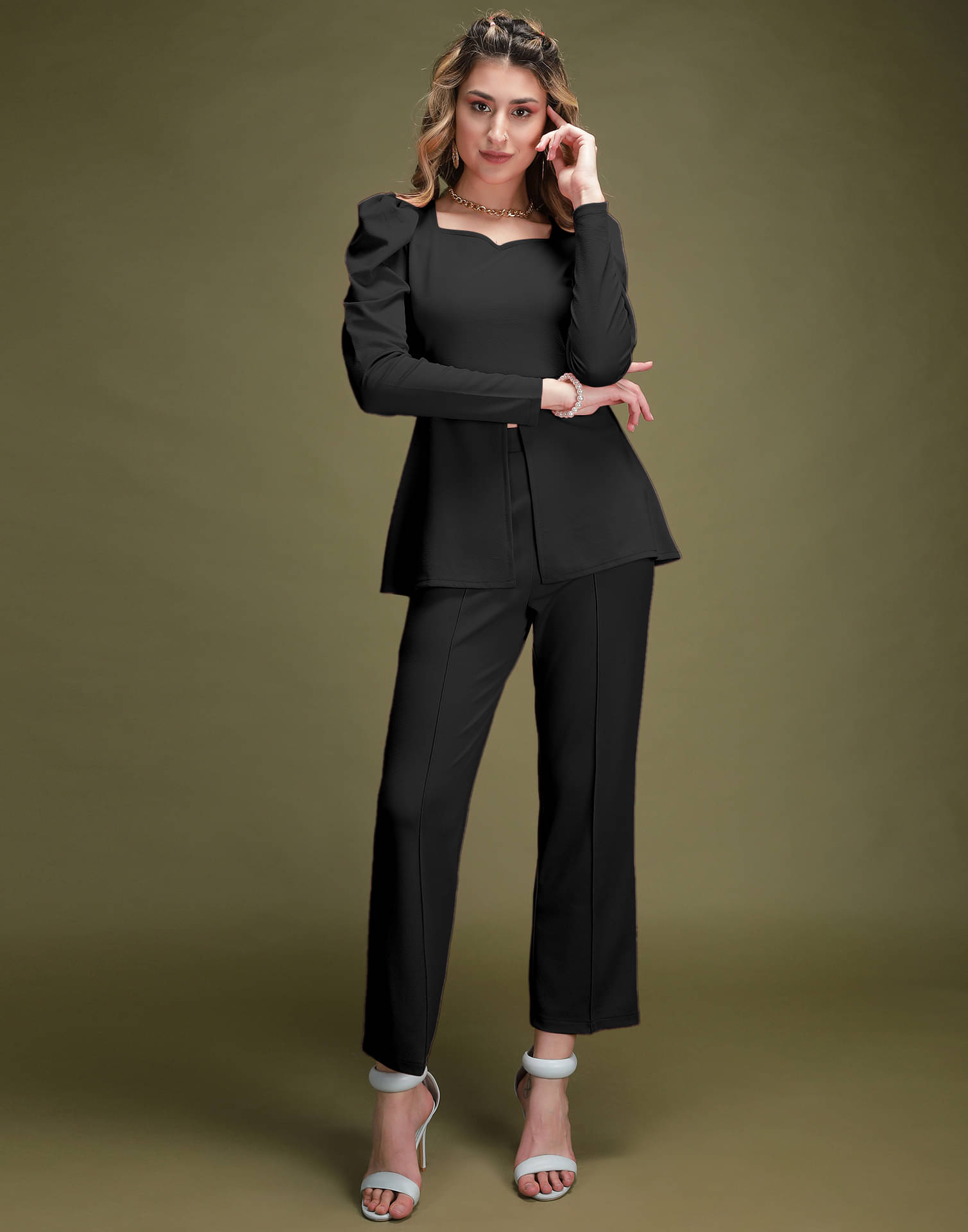     			Selvia Women Dyed Top With Trousers Co-Ord Set ( Black )