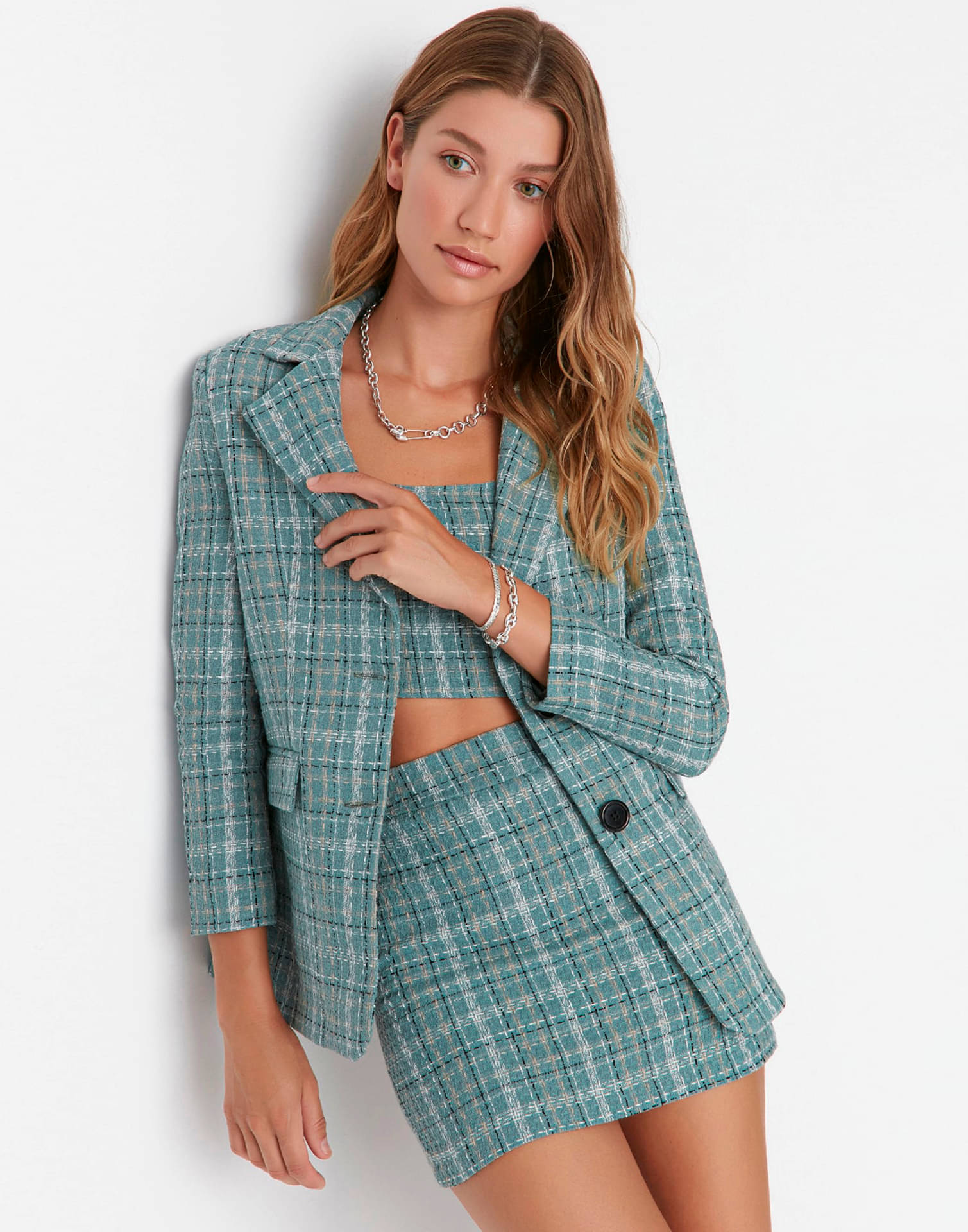     			Selvia Women Checked Coat With Skirt Co-Ord Set ( Green )