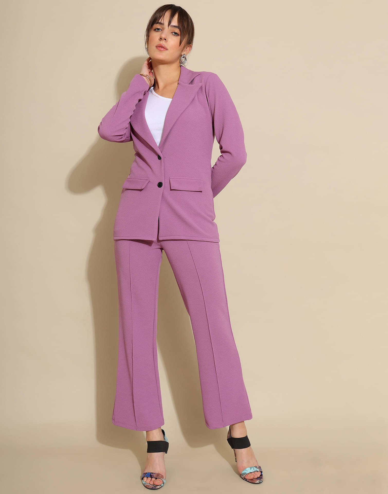     			Selvia Women Dyed Coat With Trousers Co-Ord Set ( Lavender )
