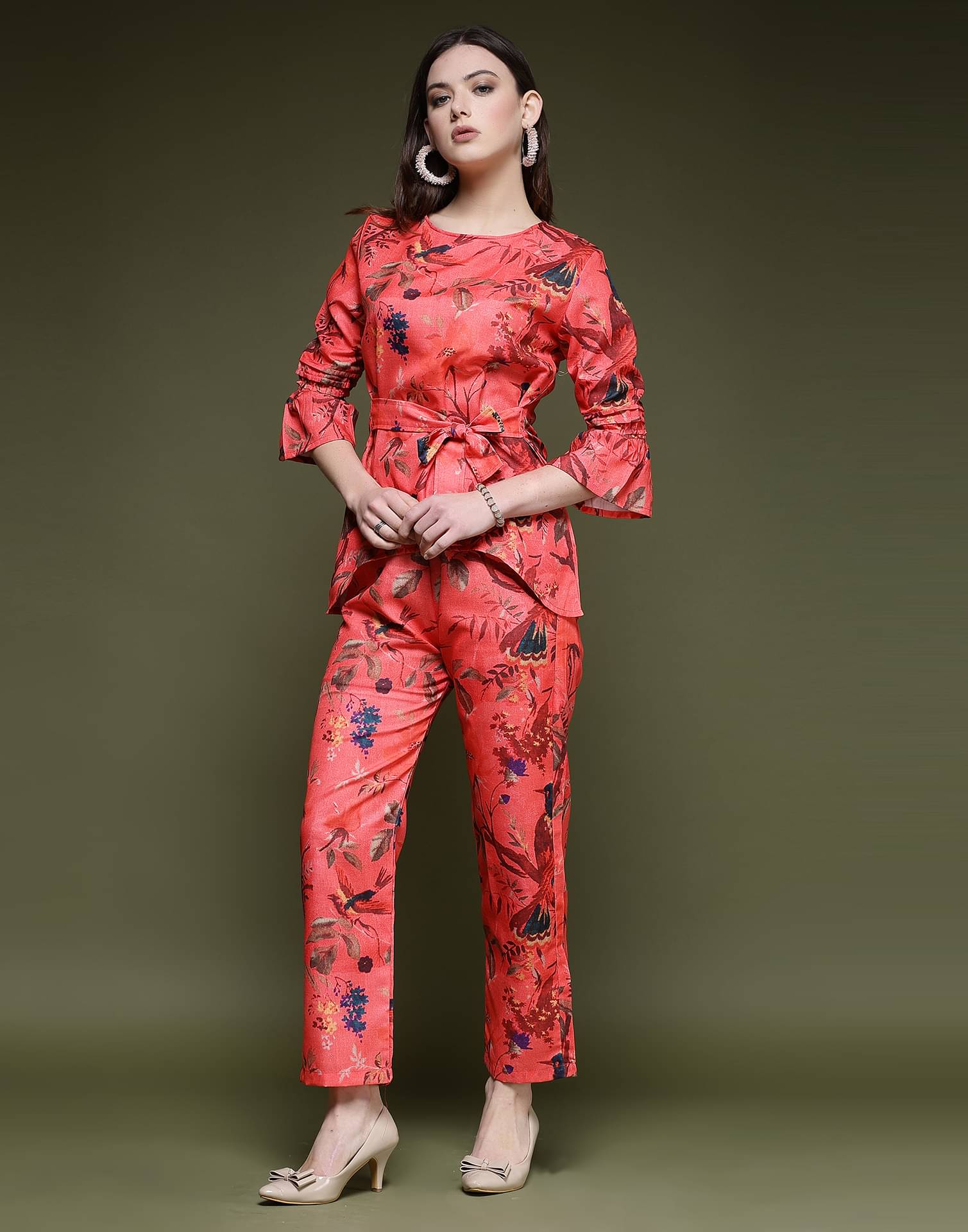     			Selvia Women Printed Top Trouser Co-Ord Set ( Peach )