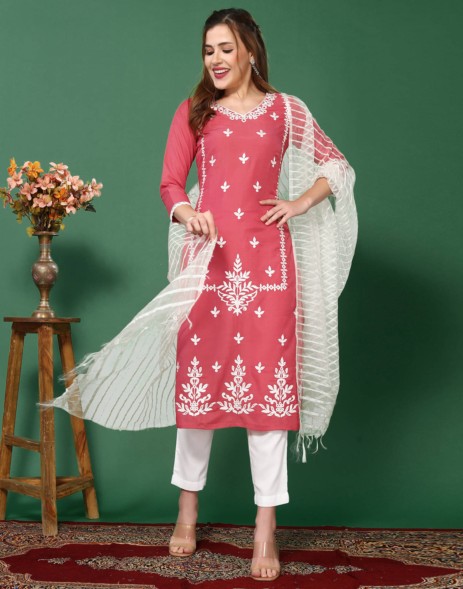     			Skylee Chiffon Embroidered Kurti With Pants Women's Stitched Salwar Suit - Pink ( Pack of 1 )