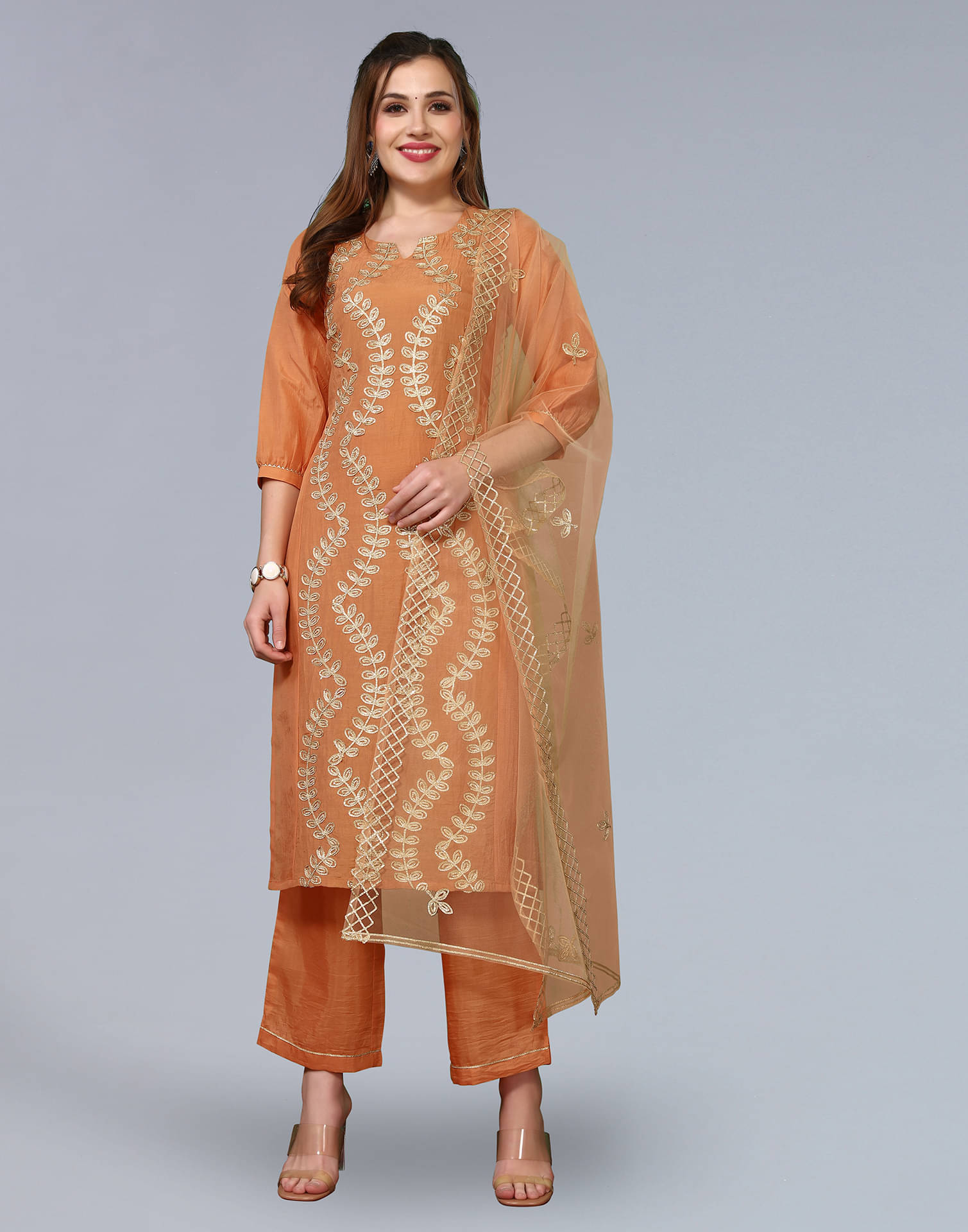     			Skylee Chiffon Embroidered Kurti With Pants Women's Stitched Salwar Suit - Orange ( Pack of 1 )