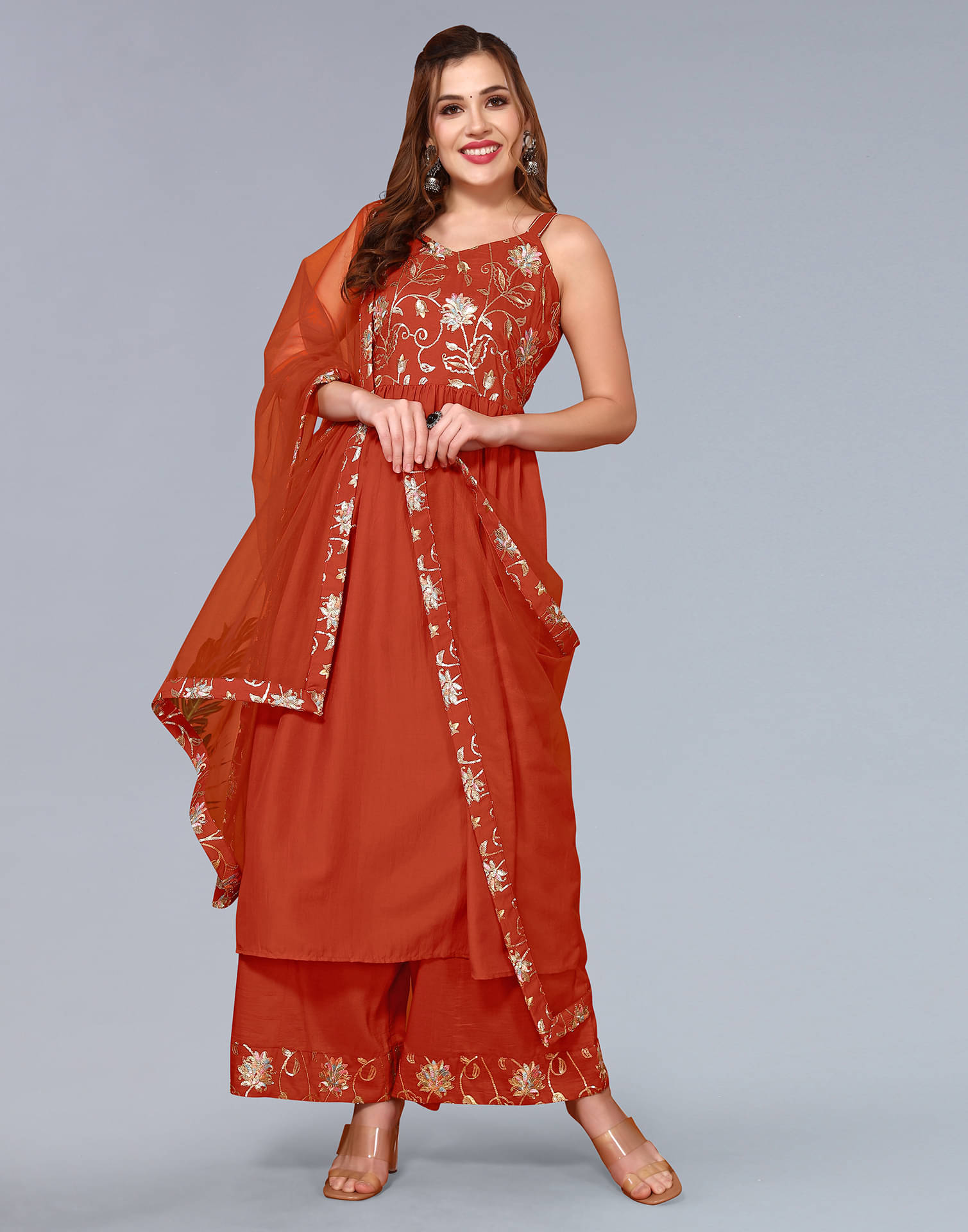     			Skylee Chiffon Embroidered Kurti With Pants Women's Stitched Salwar Suit - Rust ( Pack of 1 )