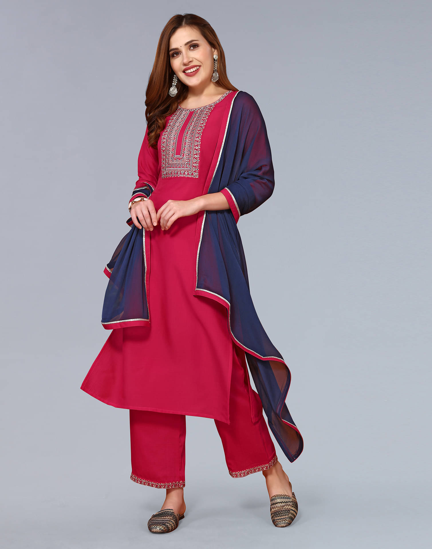     			Skylee Chiffon Embroidered Kurti With Pants Women's Stitched Salwar Suit - Pink ( Pack of 1 )