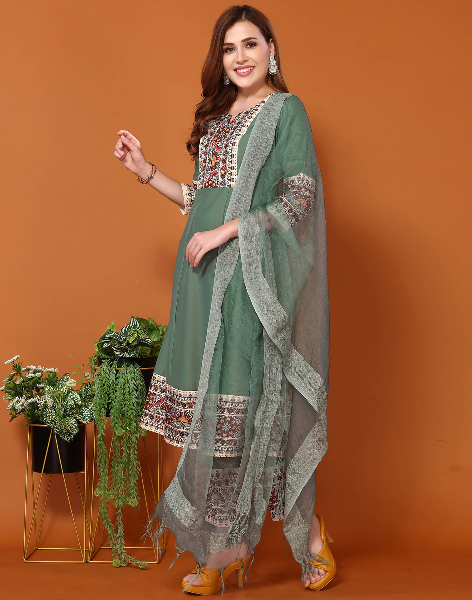     			Skylee Chiffon Printed Anarkali With Churidar Women's Stitched Salwar Suit - Green ( Pack of 1 )