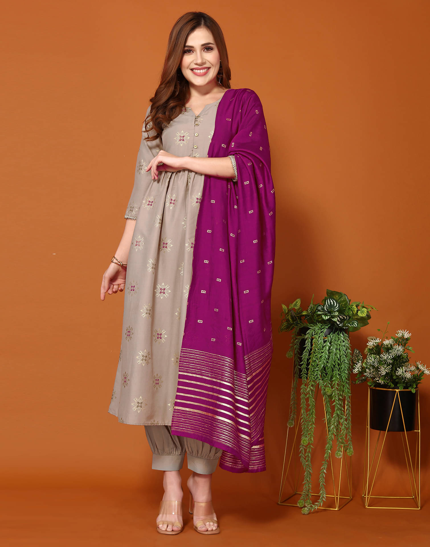 Skylee Chiffon Printed Kurti With Pants Women's Stitched Salwar Suit - Khaki ( Pack of 1 ) Skylee Chiffon Printed Kurti With Pants Women's Stitched Salwar Suit - Khaki ( Pack of 1 )