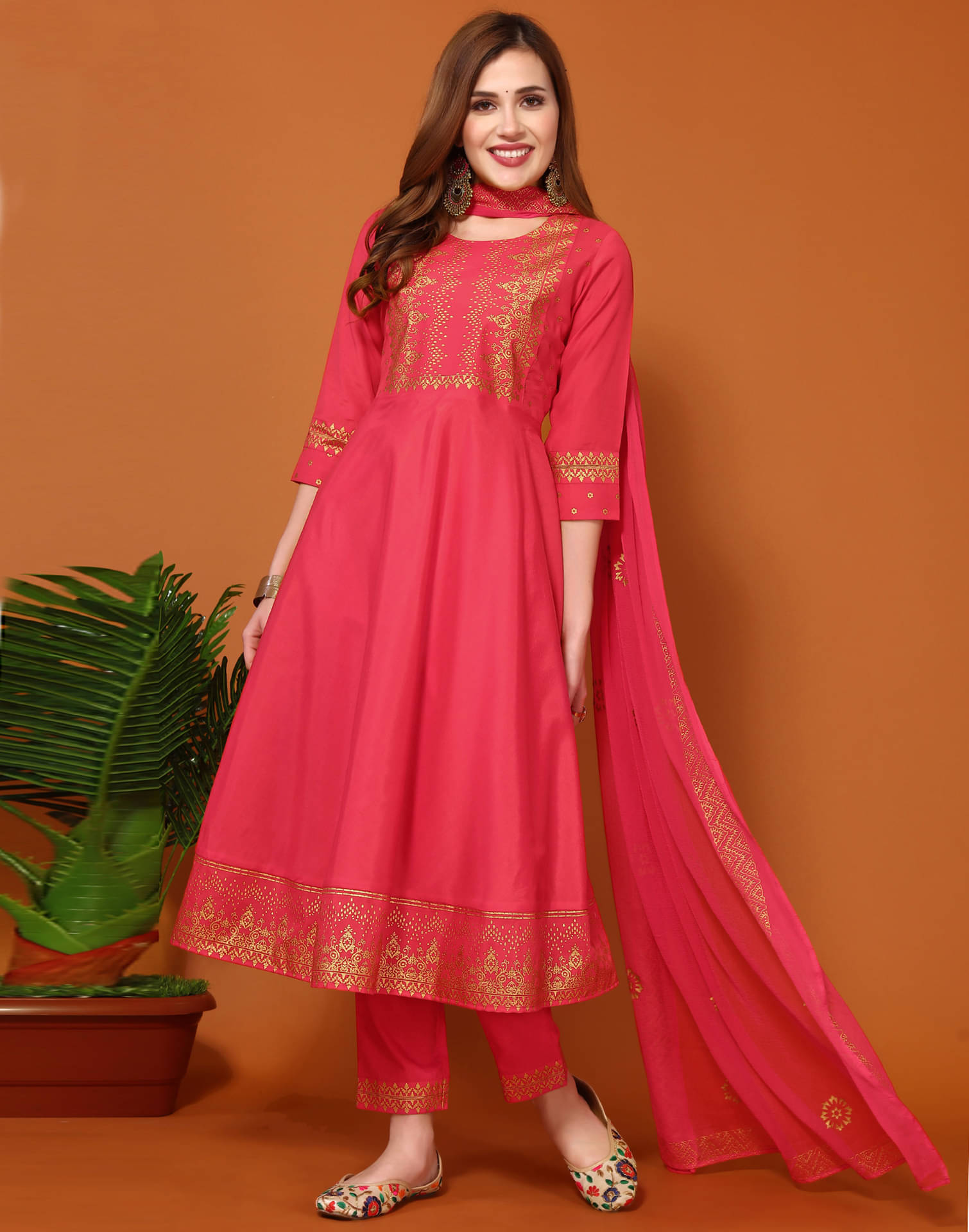    			Skylee Chiffon Printed Kurti With Pants Women's Stitched Salwar Suit - Pink ( Pack of 1 )