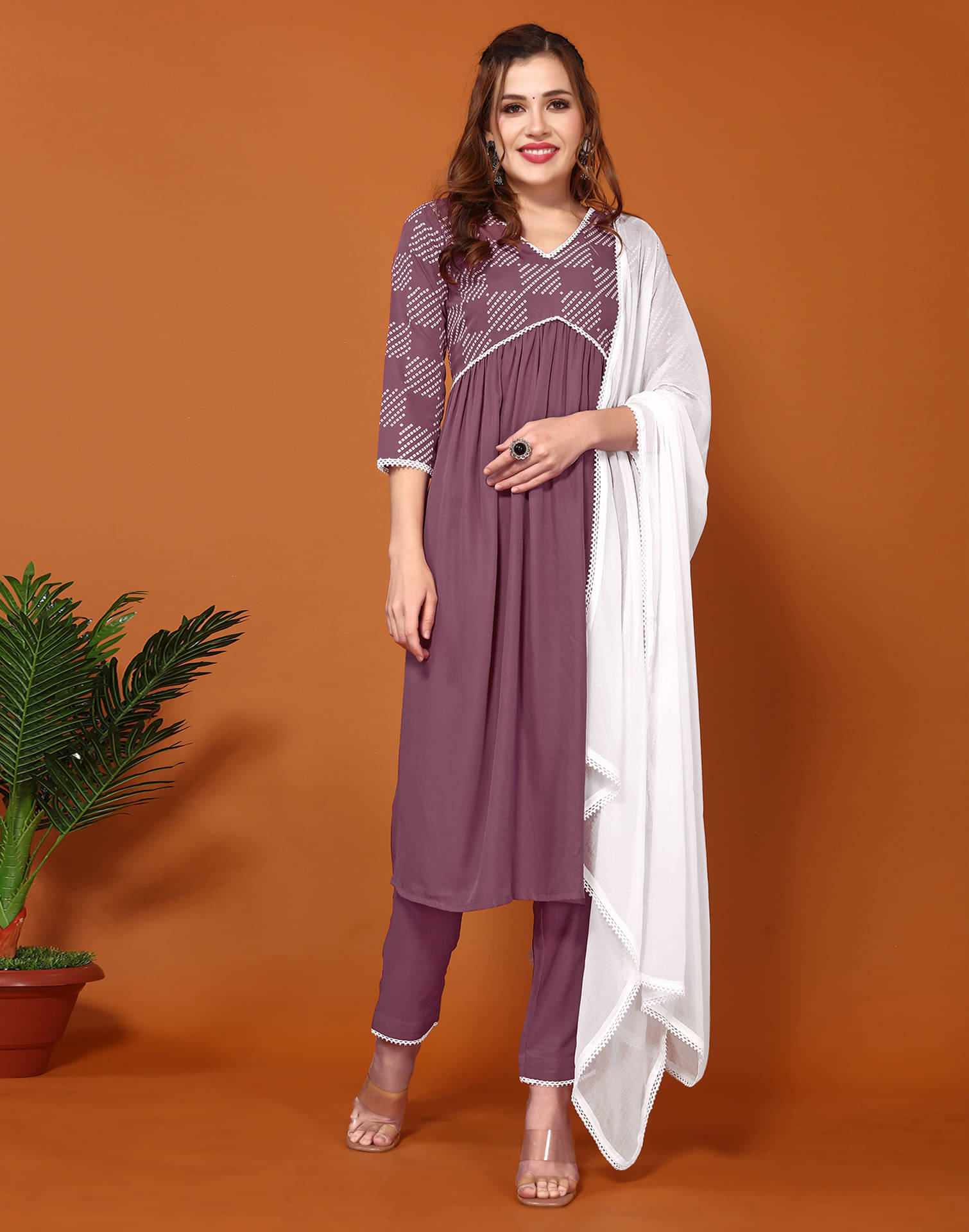     			Skylee Chiffon Printed Kurti With Pants Women's Stitched Salwar Suit - Mauve ( Pack of 1 )