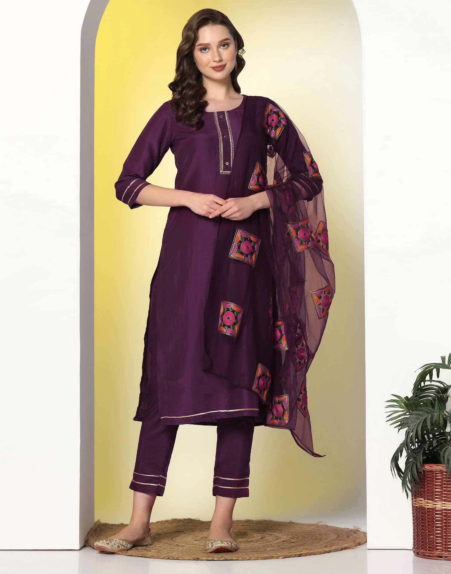     			Skylee Chiffon Solid Kurti With Pants Women's Stitched Salwar Suit - Wine ( Pack of 1 )