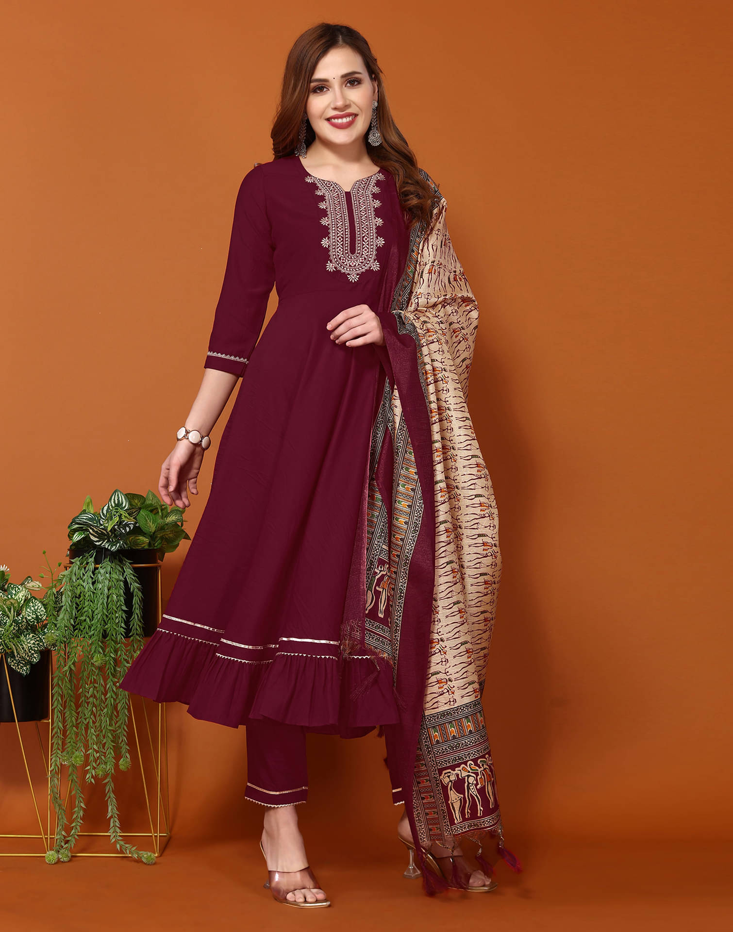 Skylee Chiffon Solid Kurti With Pants Women's Stitched Salwar Suit - Maroon ( Pack of 1 ) Skylee Chiffon Solid Kurti With Pants Women's Stitched Salwar Suit - Maroon ( Pack of 1 )