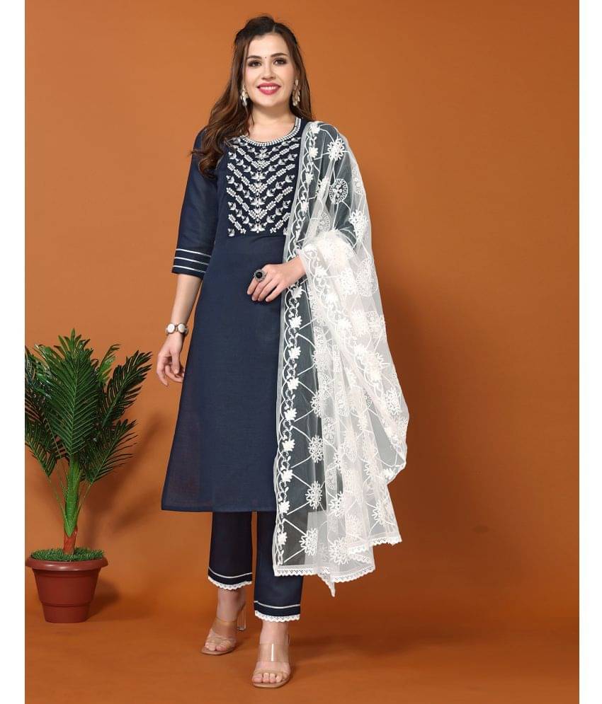     			Skylee Cotton Embroidered Kurti With Pants Women's Stitched Salwar Suit - Navy ( Pack of 1 )