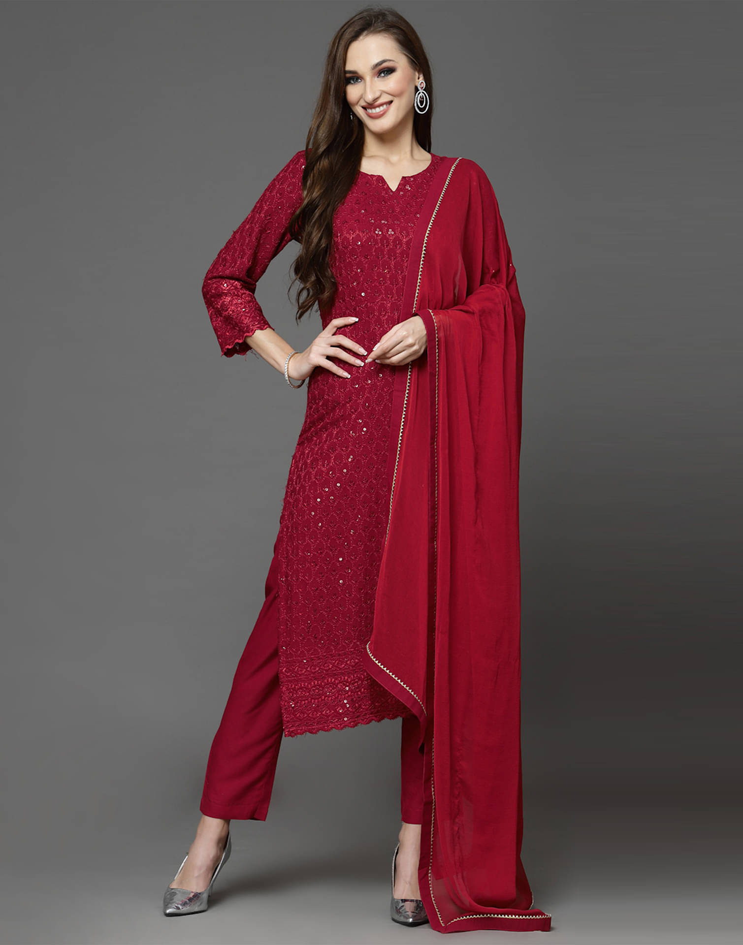     			Skylee Rayon Embellished Kurti With Pants Women's Stitched Salwar Suit - Maroon ( Pack of 1 )