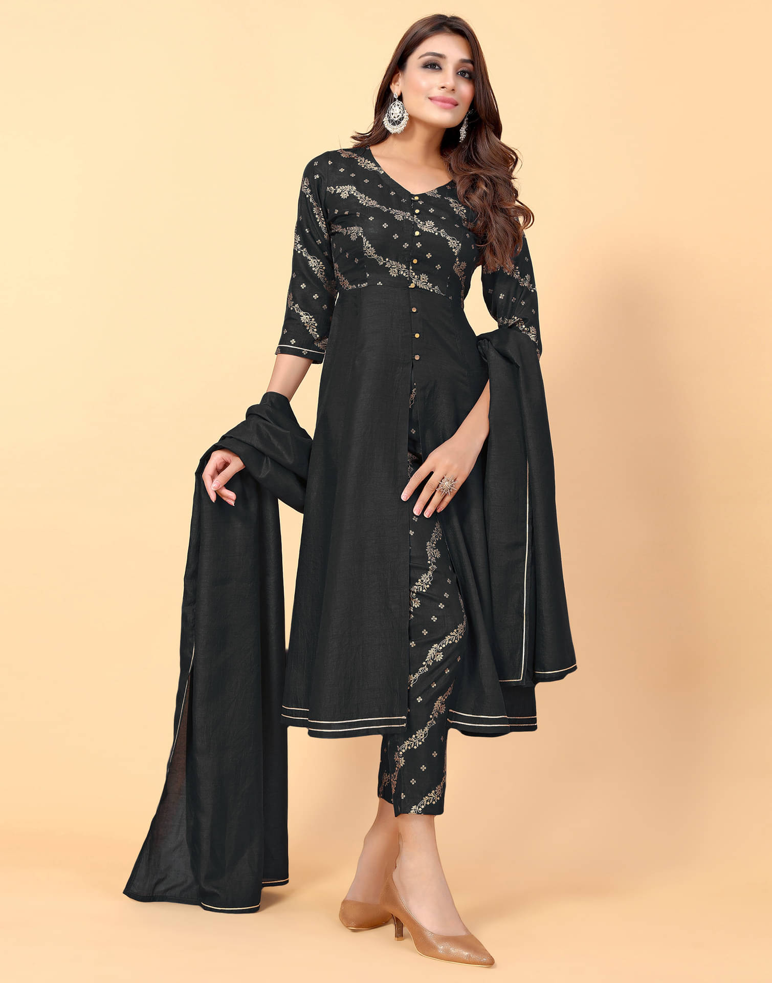     			Skylee Silk Printed Kurti With Pants Women's Stitched Salwar Suit - Black ( Pack of 1 )