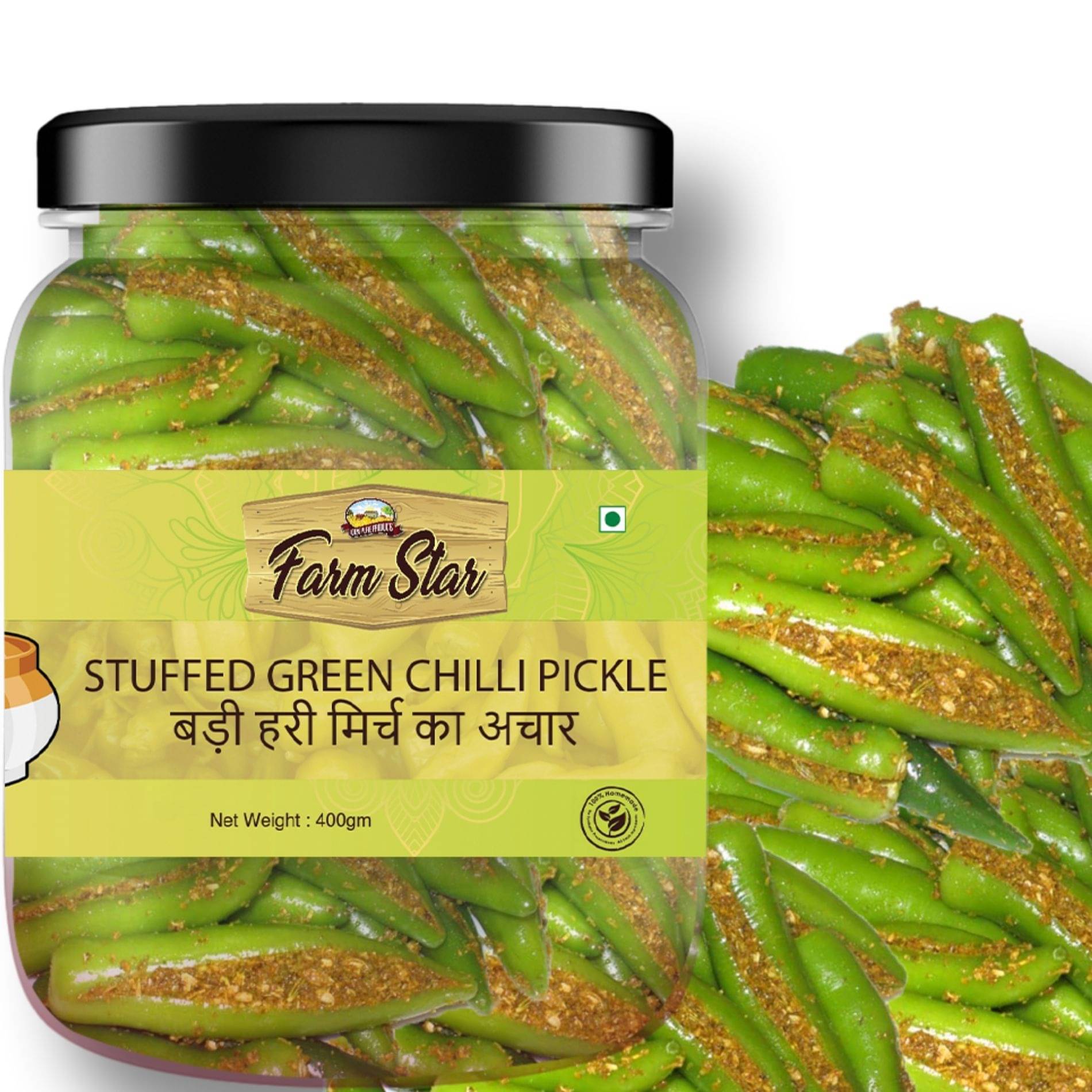 Farm Star Stuffed Green Chilli Vegetable Pickle 400 g     			Farm Star Stuffed Green Chilli Vegetable Pickle 400 g