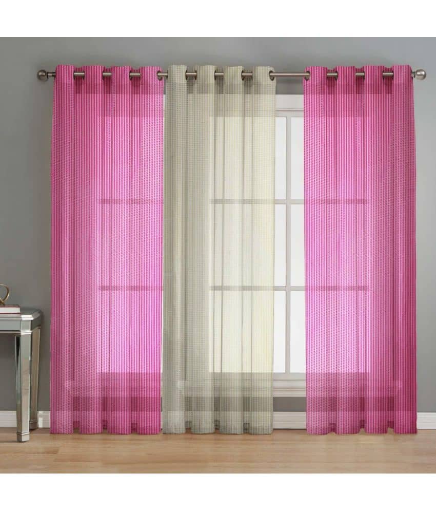 BELLA TRUE Vertical Striped Sheer Eyelet Curtain 7 ft ( Pack of 3 )  Pink