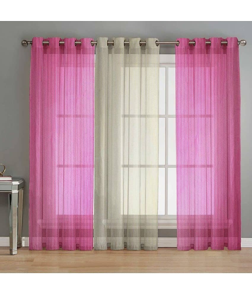 BELLA TRUE Vertical Striped Sheer Eyelet Curtain 7 ft ( Pack of 3 ) Pink