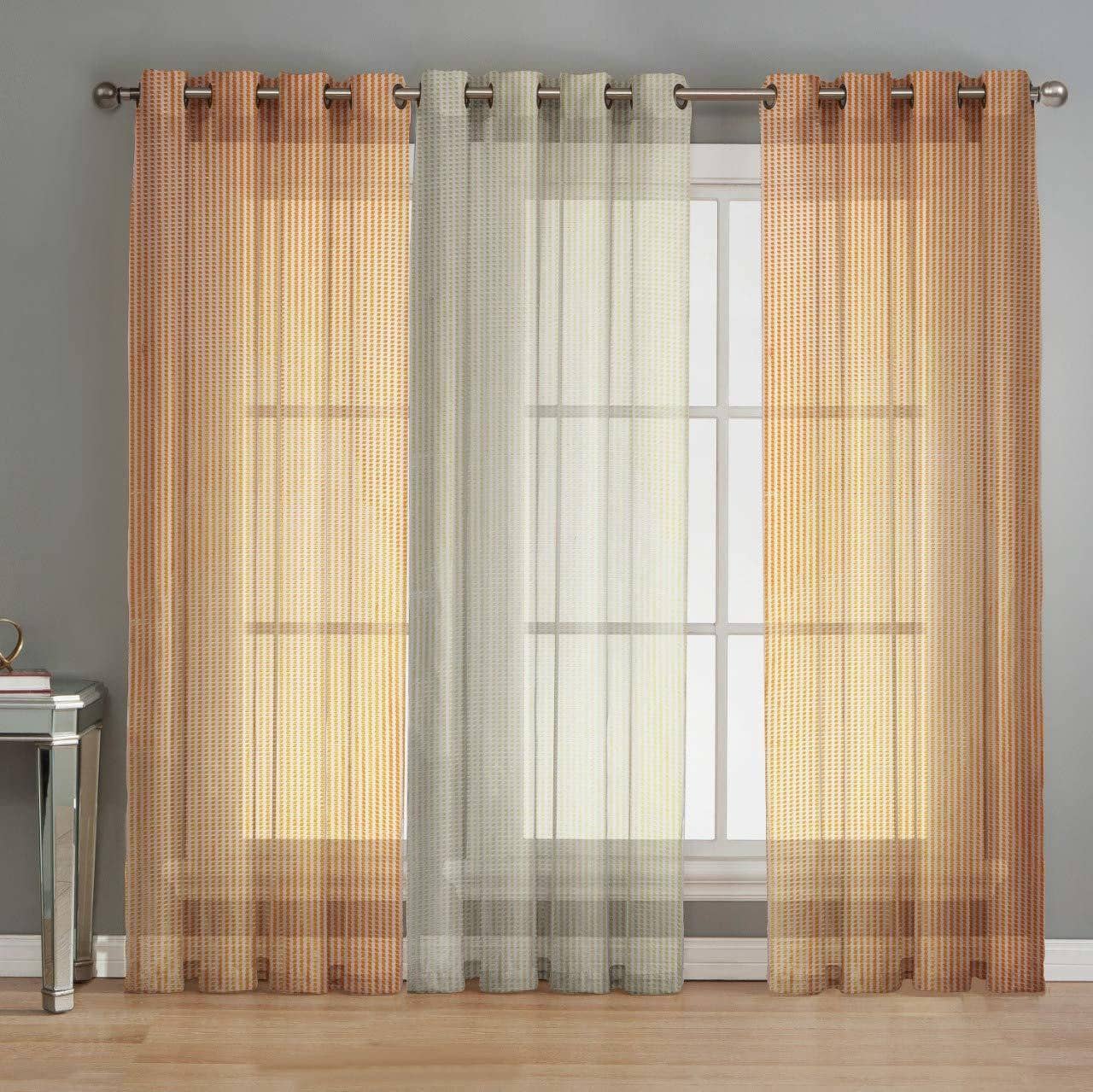 BELLA TRUE Vertical Striped Sheer Eyelet Curtain 7 ft ( Pack of 3 )  Cream