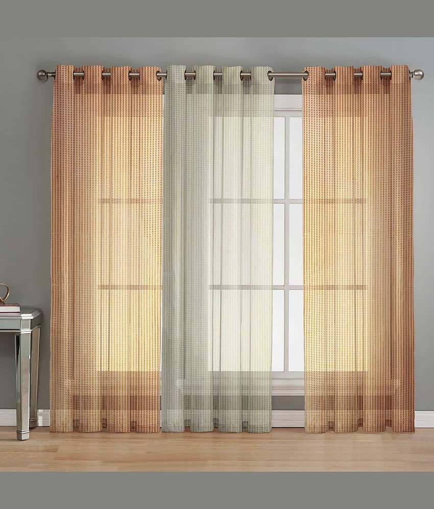 BELLA TRUE Vertical Striped Sheer Eyelet Curtain 7 ft ( Pack of 3 ) Cream