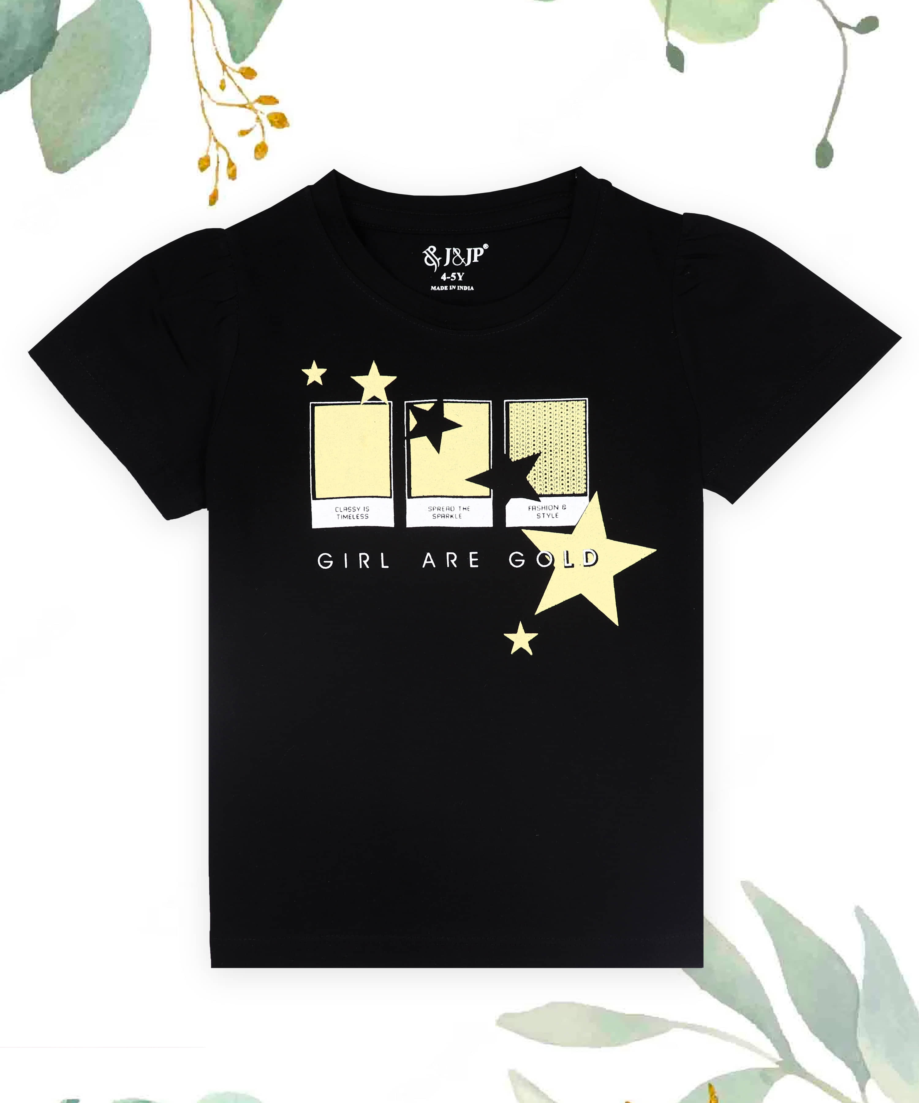 J&JP Pack of 1 Girls Cotton T-Shirt ( Black )