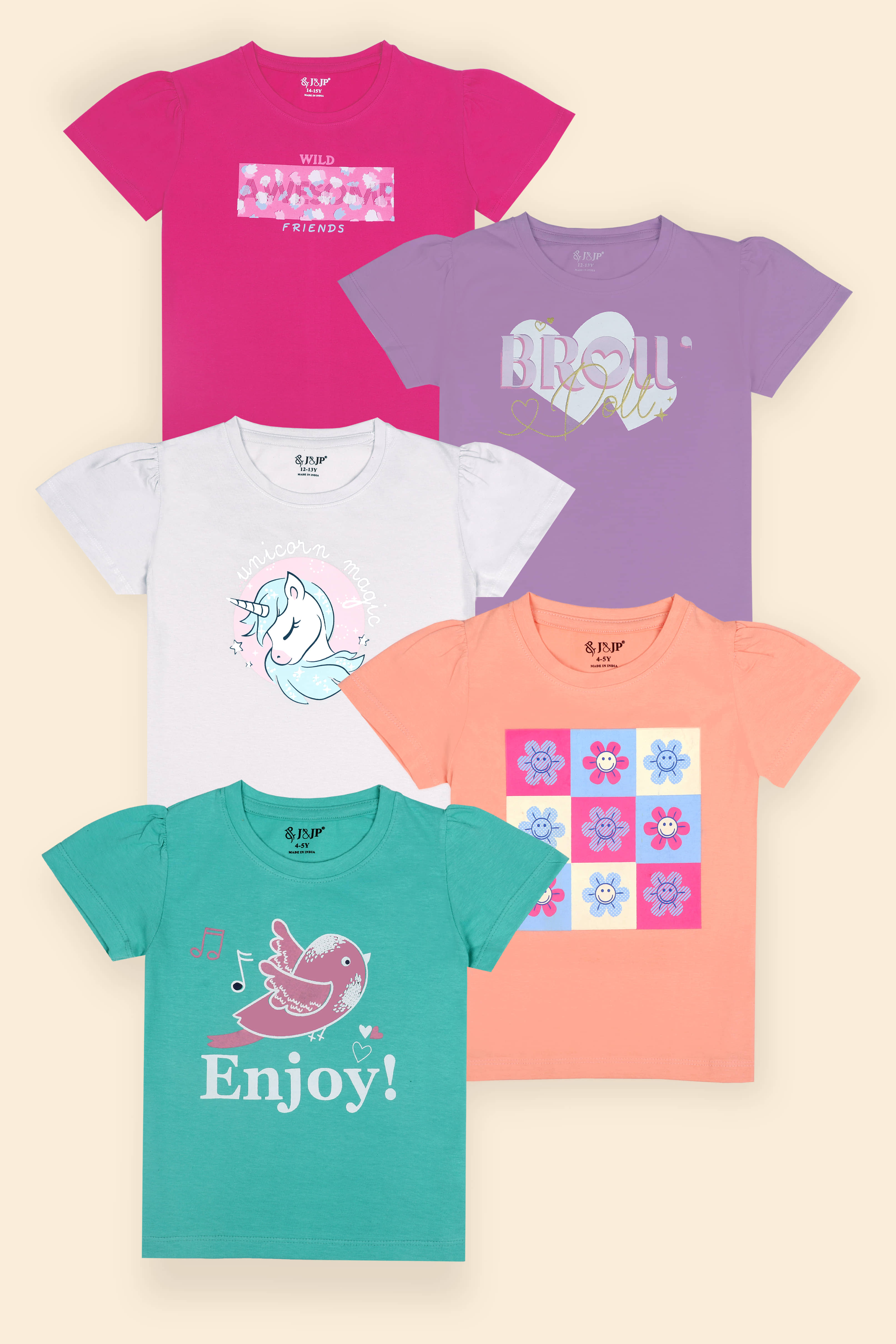 J&JP Pack of 5 Girls Cotton T-Shirt ( Multi )