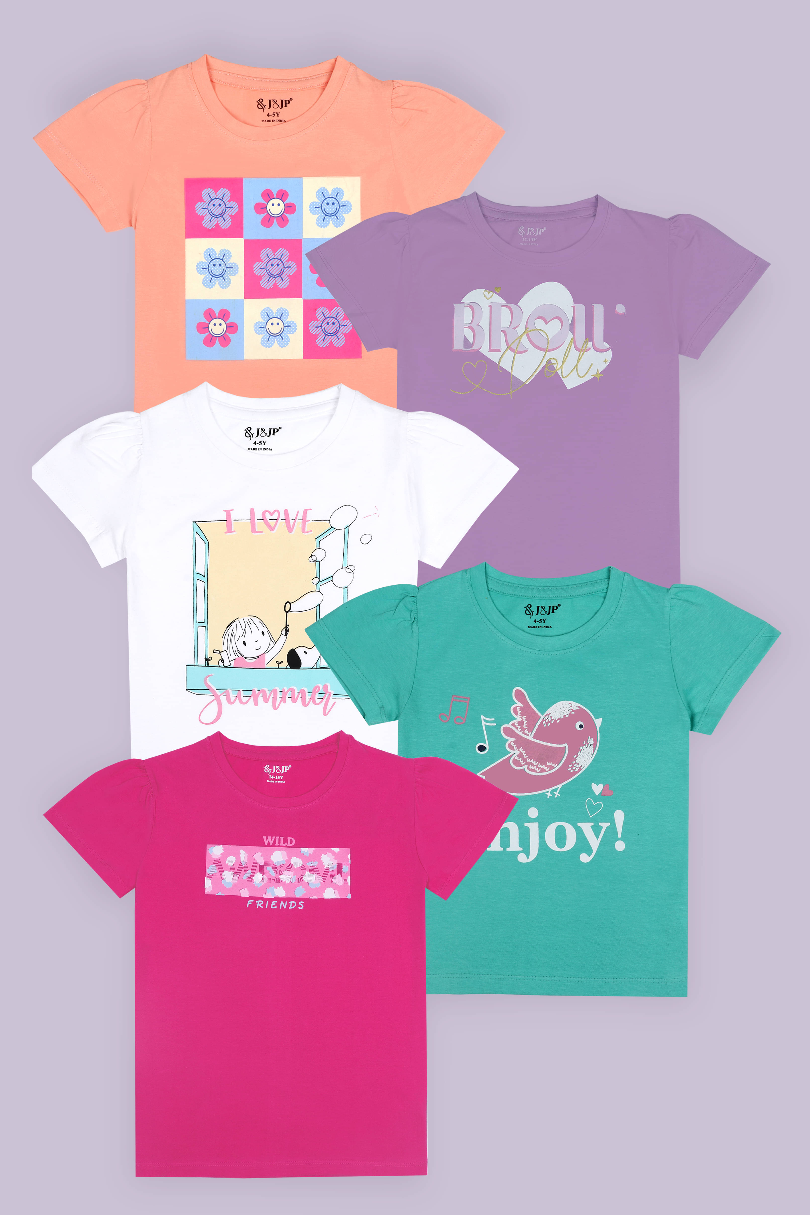     			J&JP Pack of 5 Girls Cotton T-Shirt ( Multi )