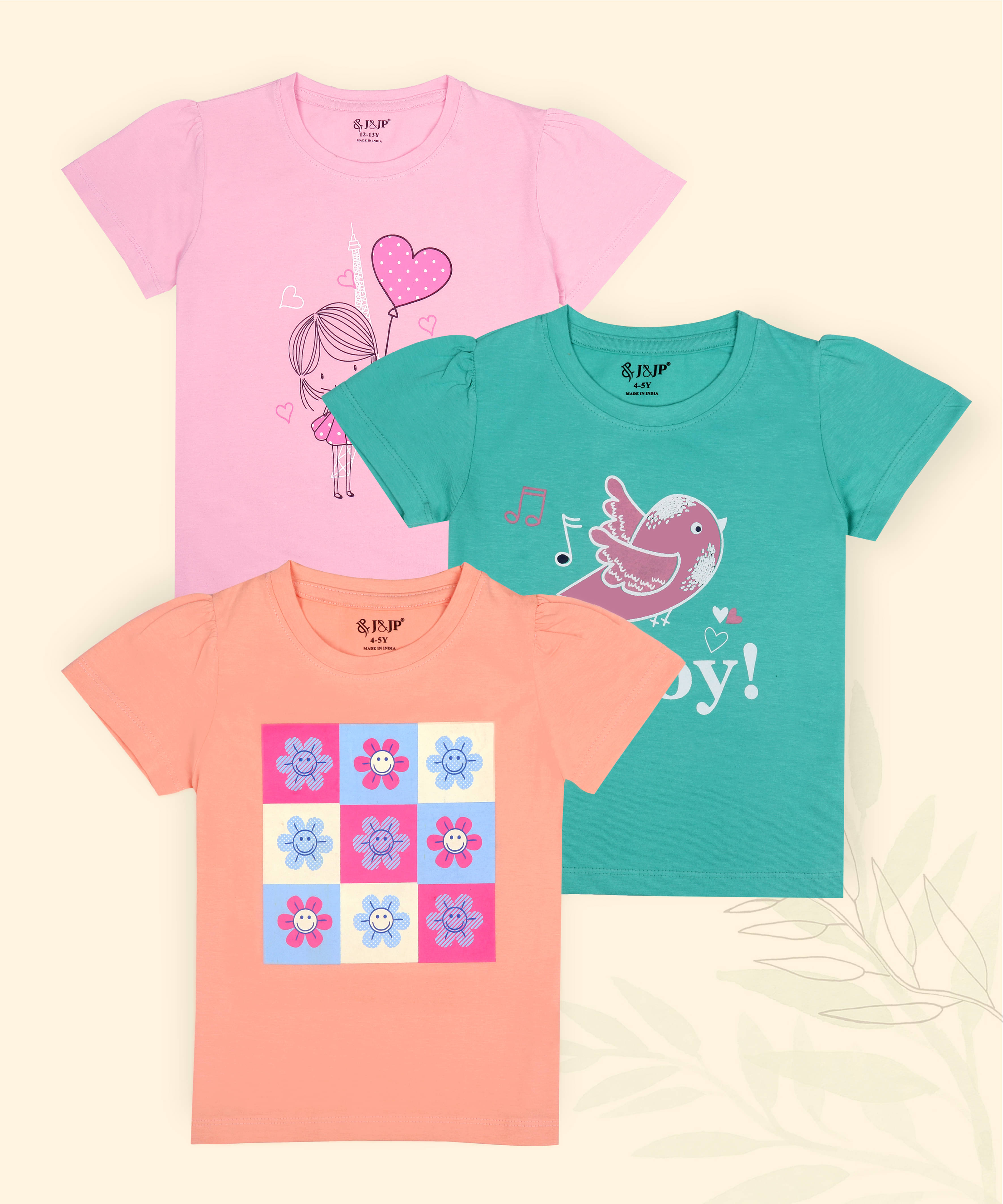     			J&JP Pack of 3 Girls Cotton Blend T-Shirt ( Multicolor )
