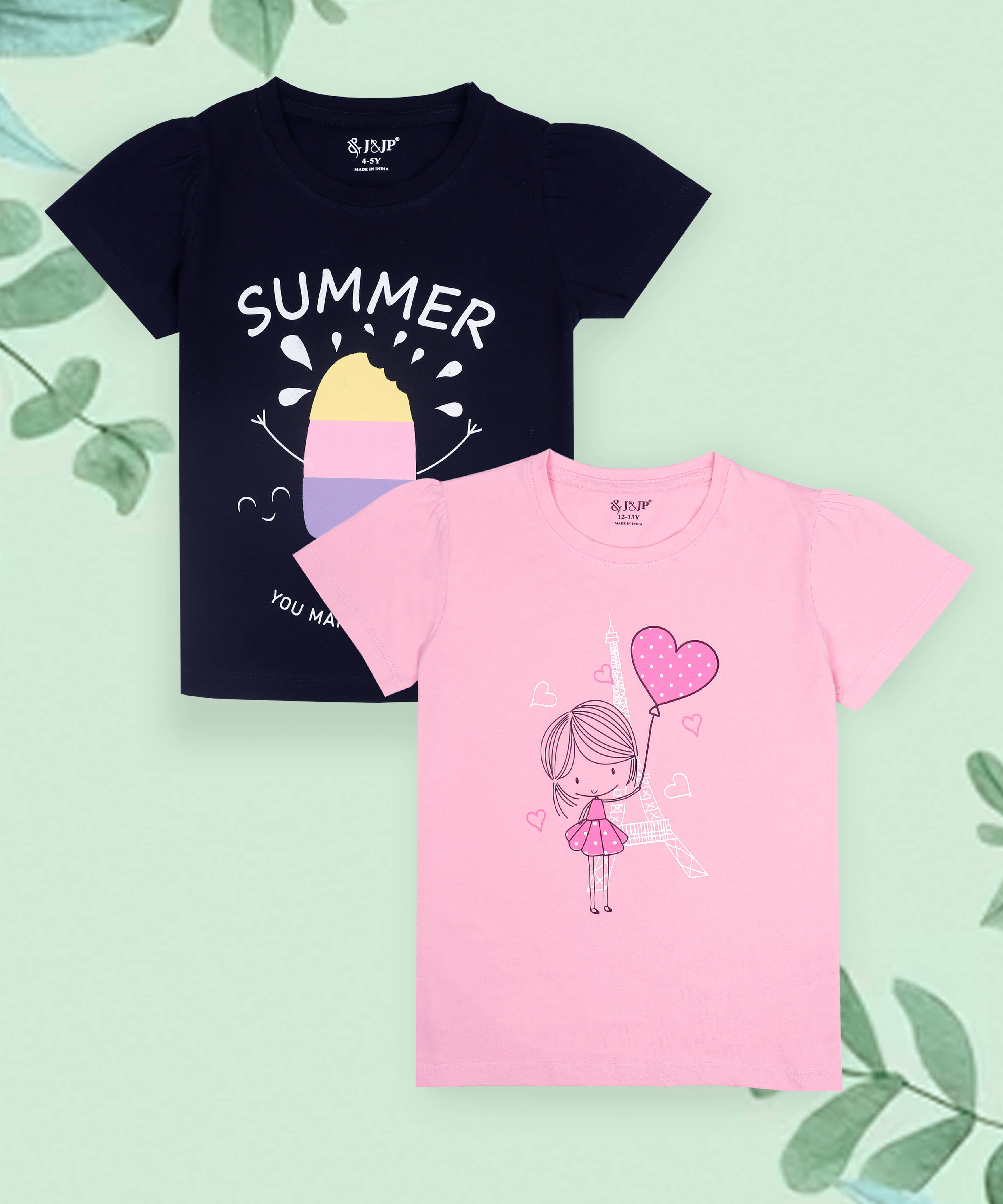 J&JP Pack of 2 Girls Cotton Blend T-Shirt ( Multicolor )
