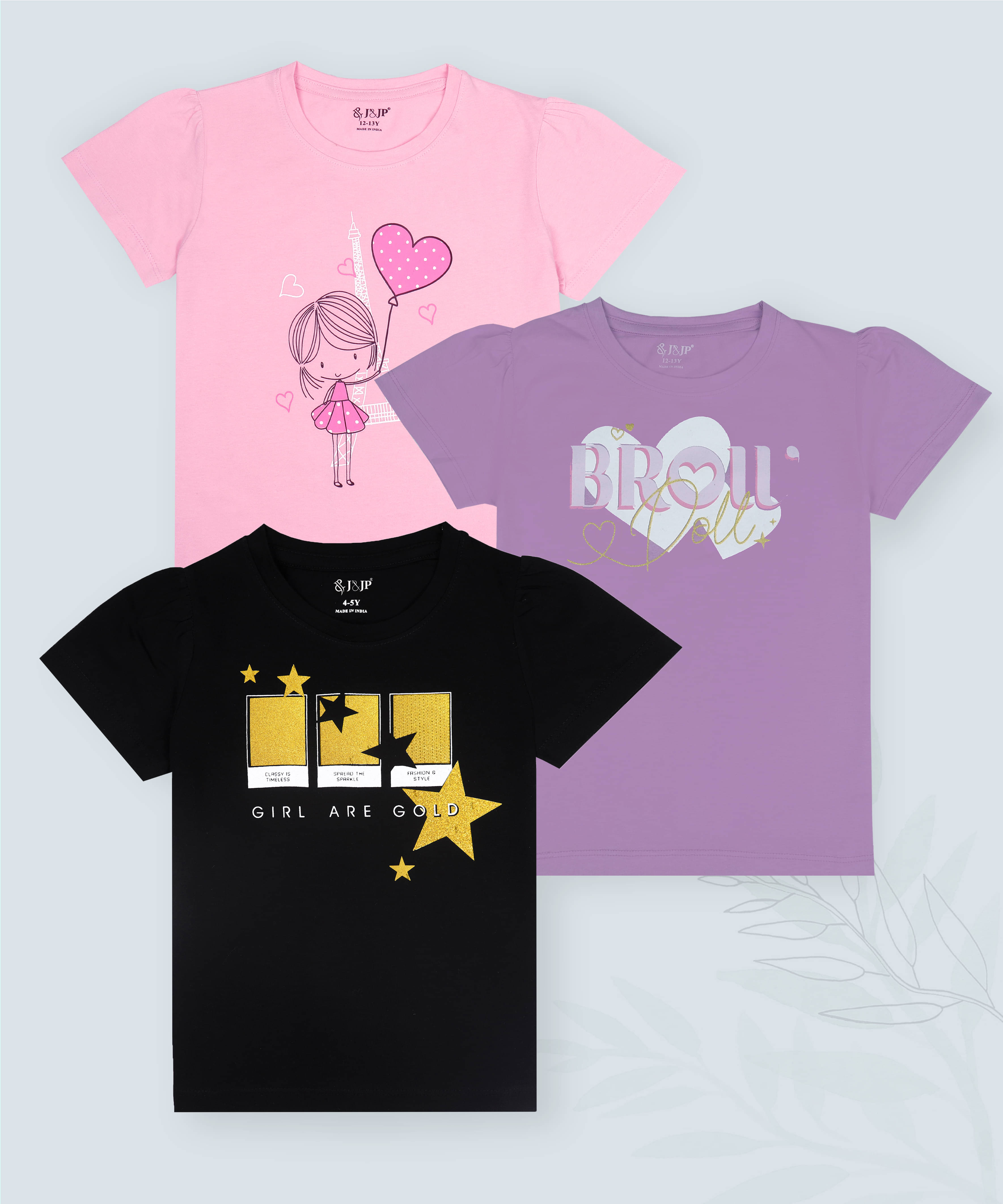    			J&JP Pack of 3 Girls Cotton Blend T-Shirt ( Multicolor )
