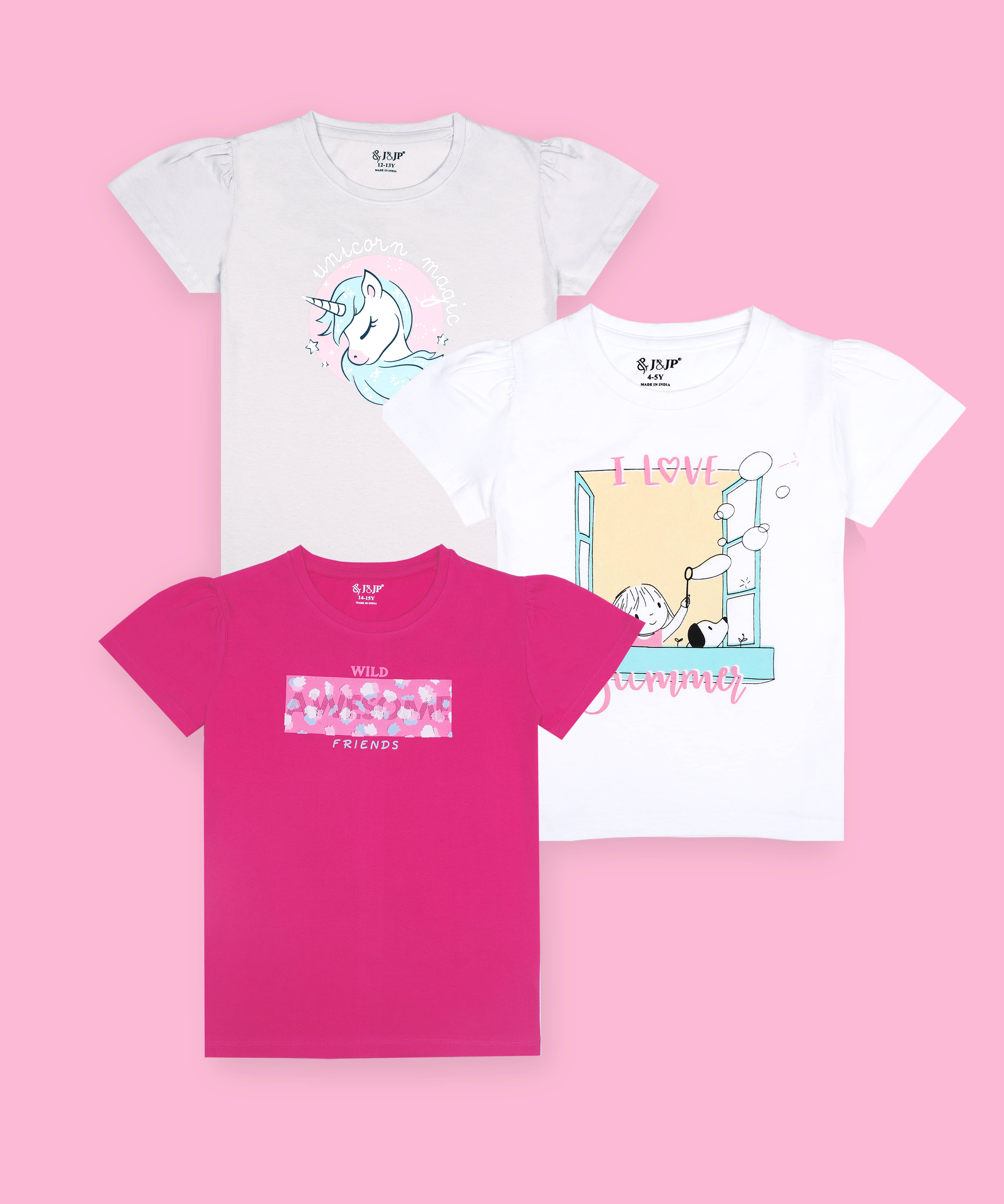     			J&JP Pack of 3 Girls Cotton Blend T-Shirt ( Multicolor )