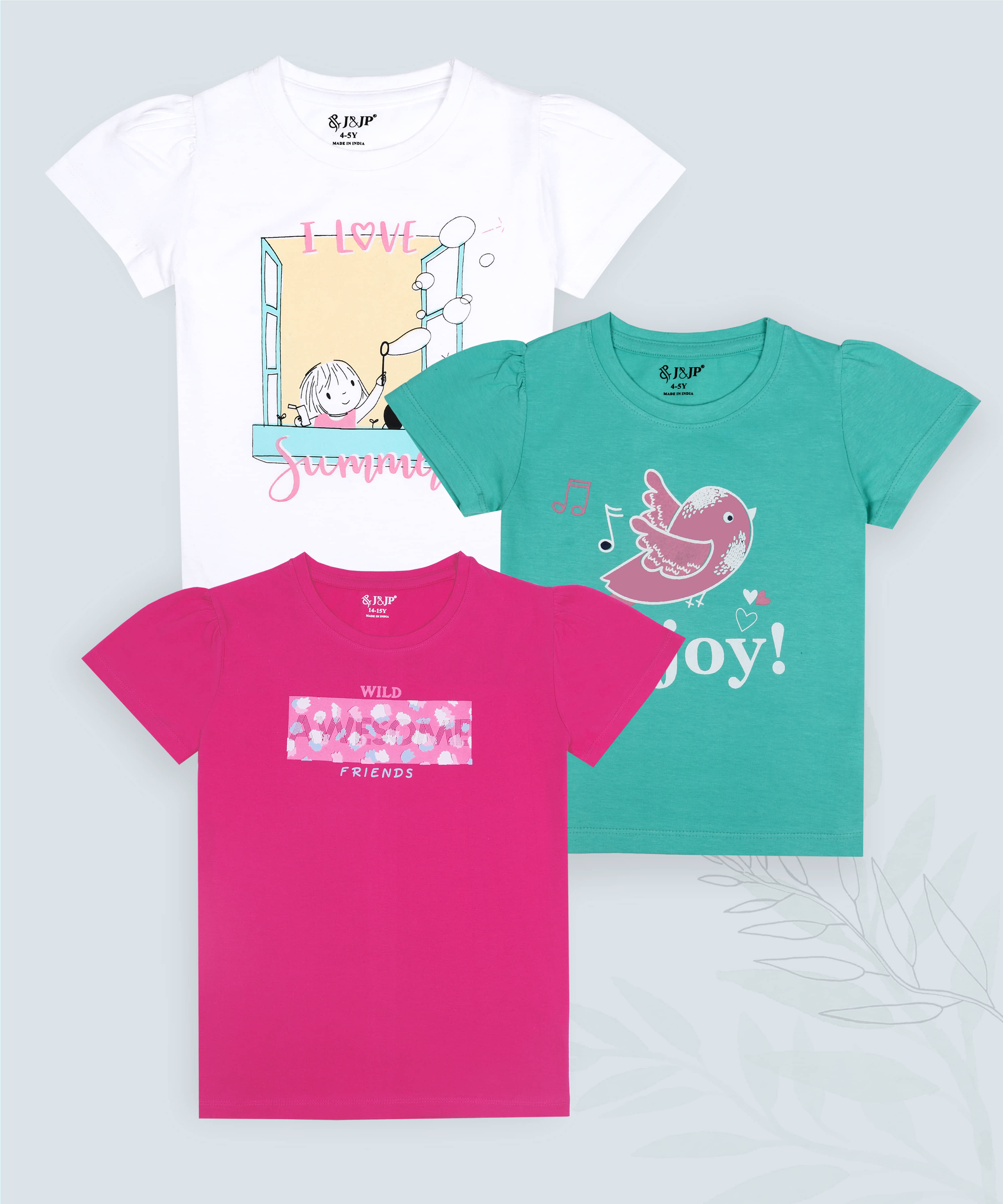 J&JP Pack of 3 Girls Cotton Blend T-Shirt ( Multicolor )