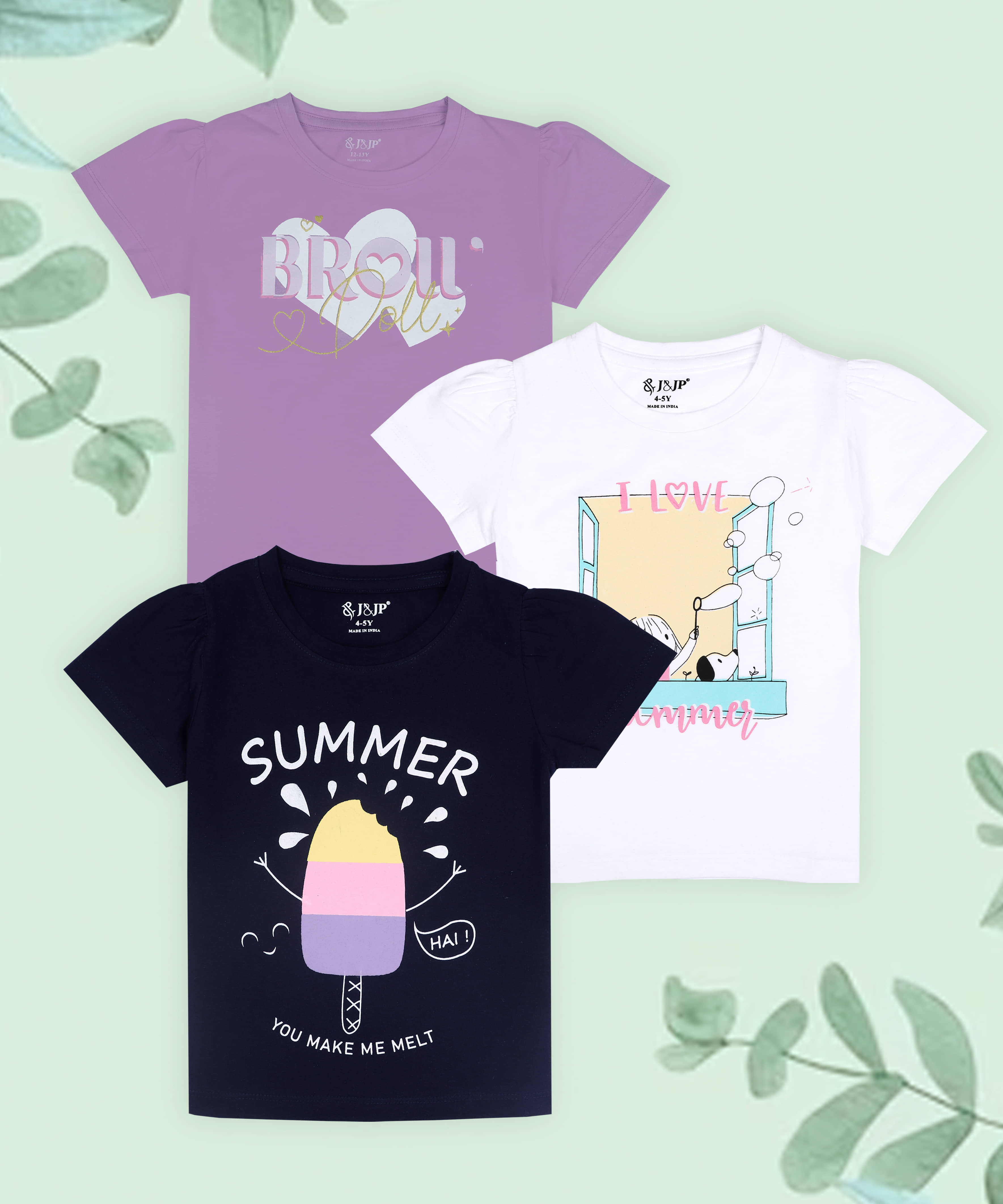 J&JP Pack of 3 Girls Cotton Blend T-Shirt ( Multicolor )