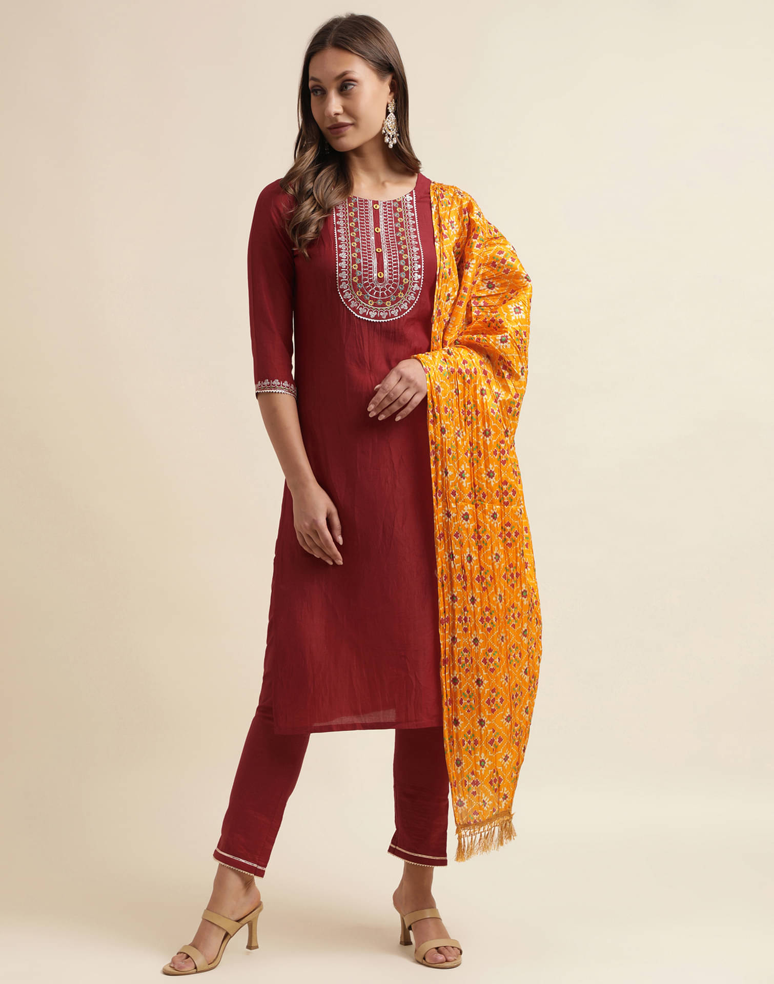     			Skylee Chiffon Embroidered Kurti With Pants Women's Stitched Salwar Suit - Maroon ( Pack of 1 )