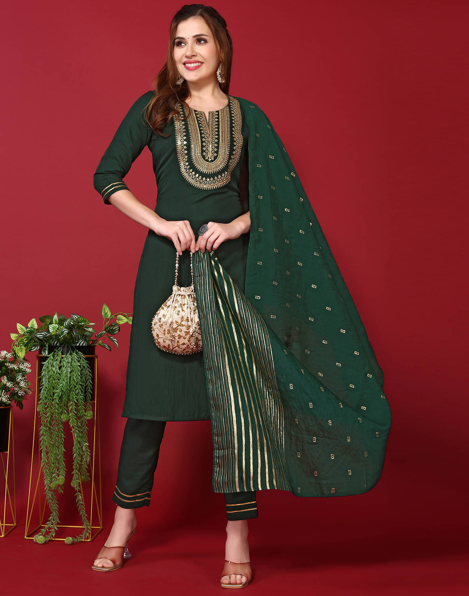     			Skylee Chiffon Embroidered Kurti With Pants Women's Stitched Salwar Suit - Green ( Pack of 1 )