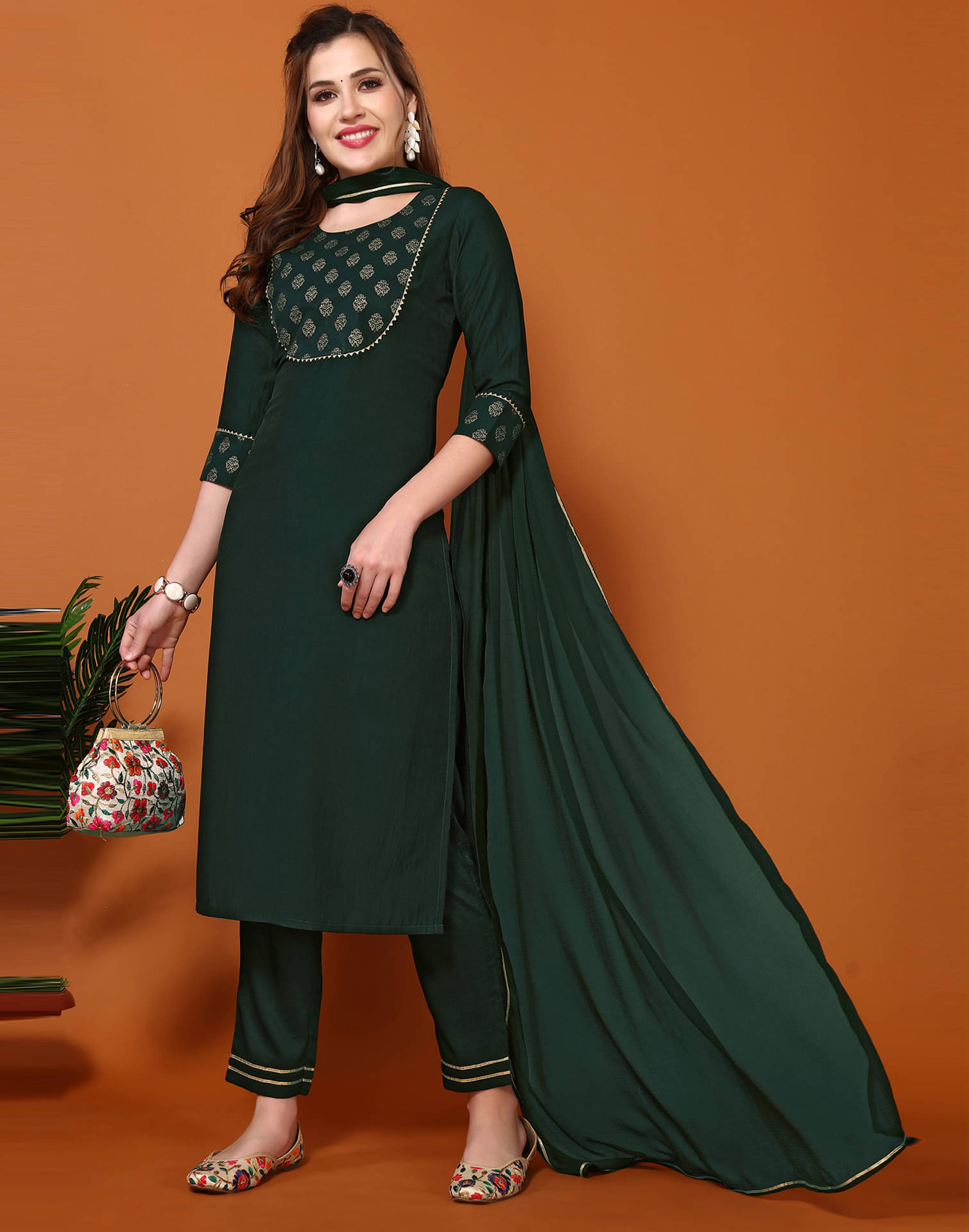     			Skylee Chiffon Printed Kurti With Pants Women's Stitched Salwar Suit - Dark Green ( Pack of 1 )