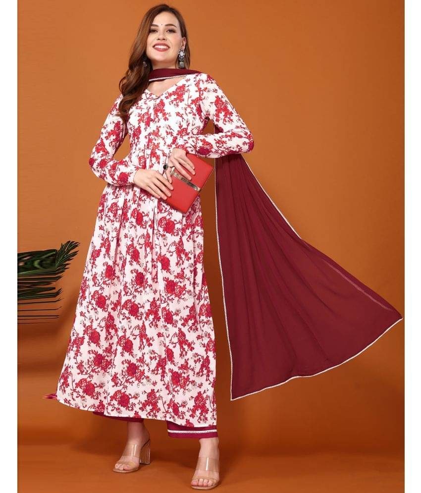     			Skylee Georgette Printed Kurti With Pants Women's Stitched Salwar Suit - White ( Pack of 1 )