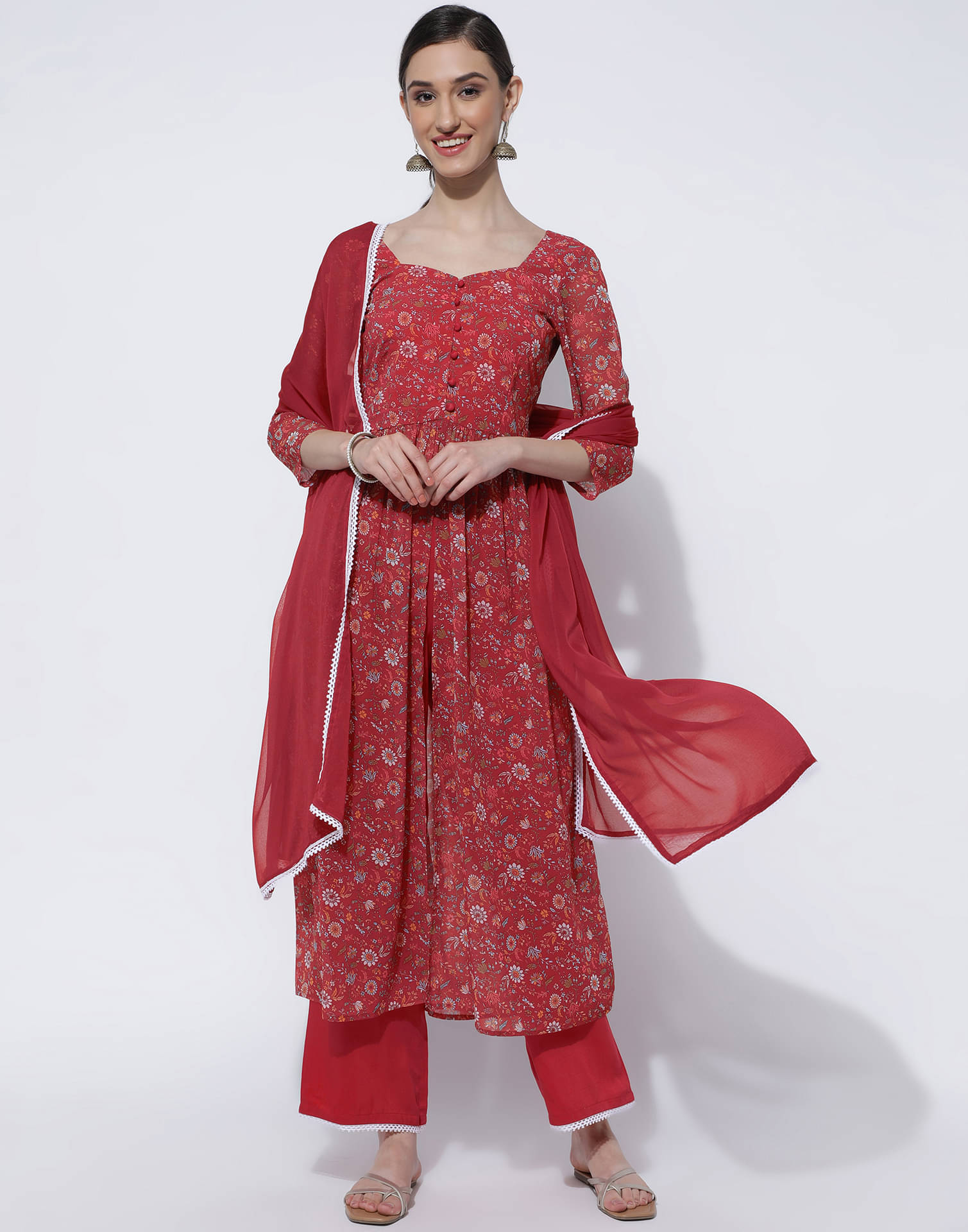     			Skylee Georgette Printed Kurti With Pants Women's Stitched Salwar Suit - Red ( Pack of 1 )