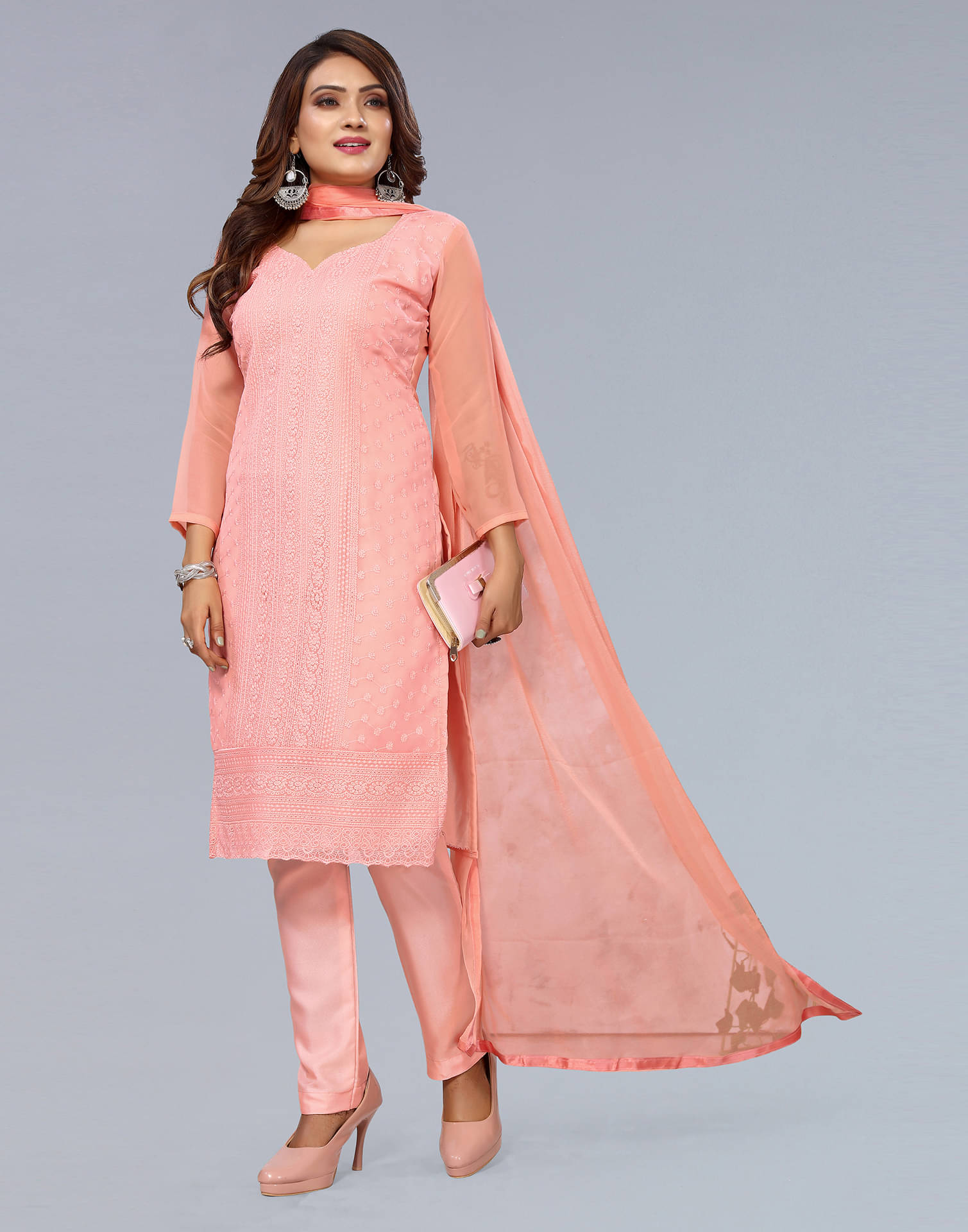     			Skylee Georgette Self Design Kurti With Pants Women's Stitched Salwar Suit - Peach ( Pack of 1 )