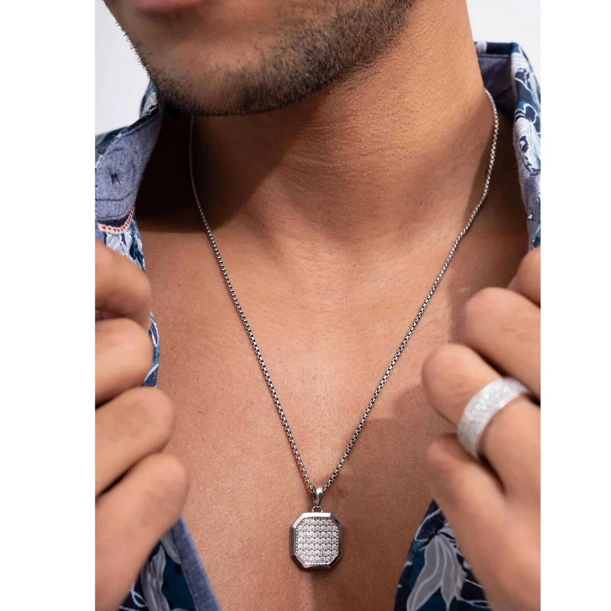 Thrillz Silver Chain For Men Stainless Steel Geometric AD Studded Stylish Silver Chain For Men Boys Love Gifts Mens Jewellery
