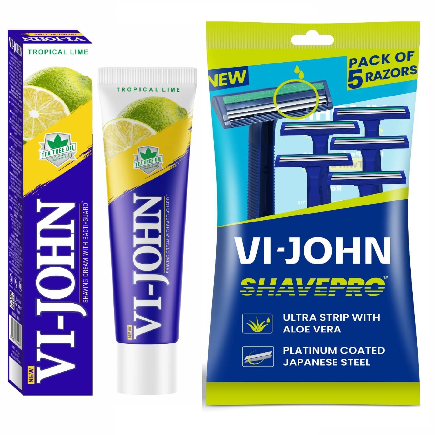     			VI-JOHN Tropical Lime Shaving Cream 125g & Shave Pro Twin Blade Disposable Razor 5 PCS -Pack of 2
