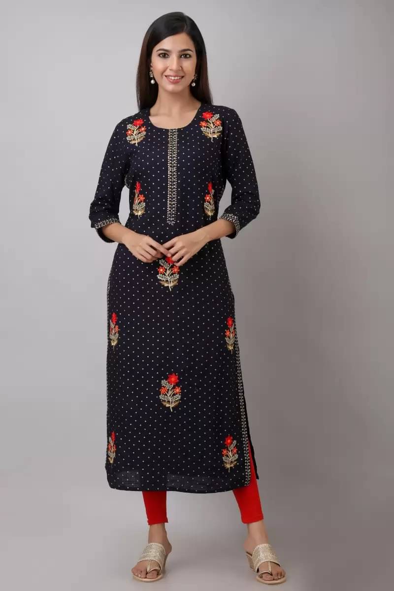     			FABRR Rayon Printed Straight Women's Kurti - Navy Blue ( Pack of 1 )